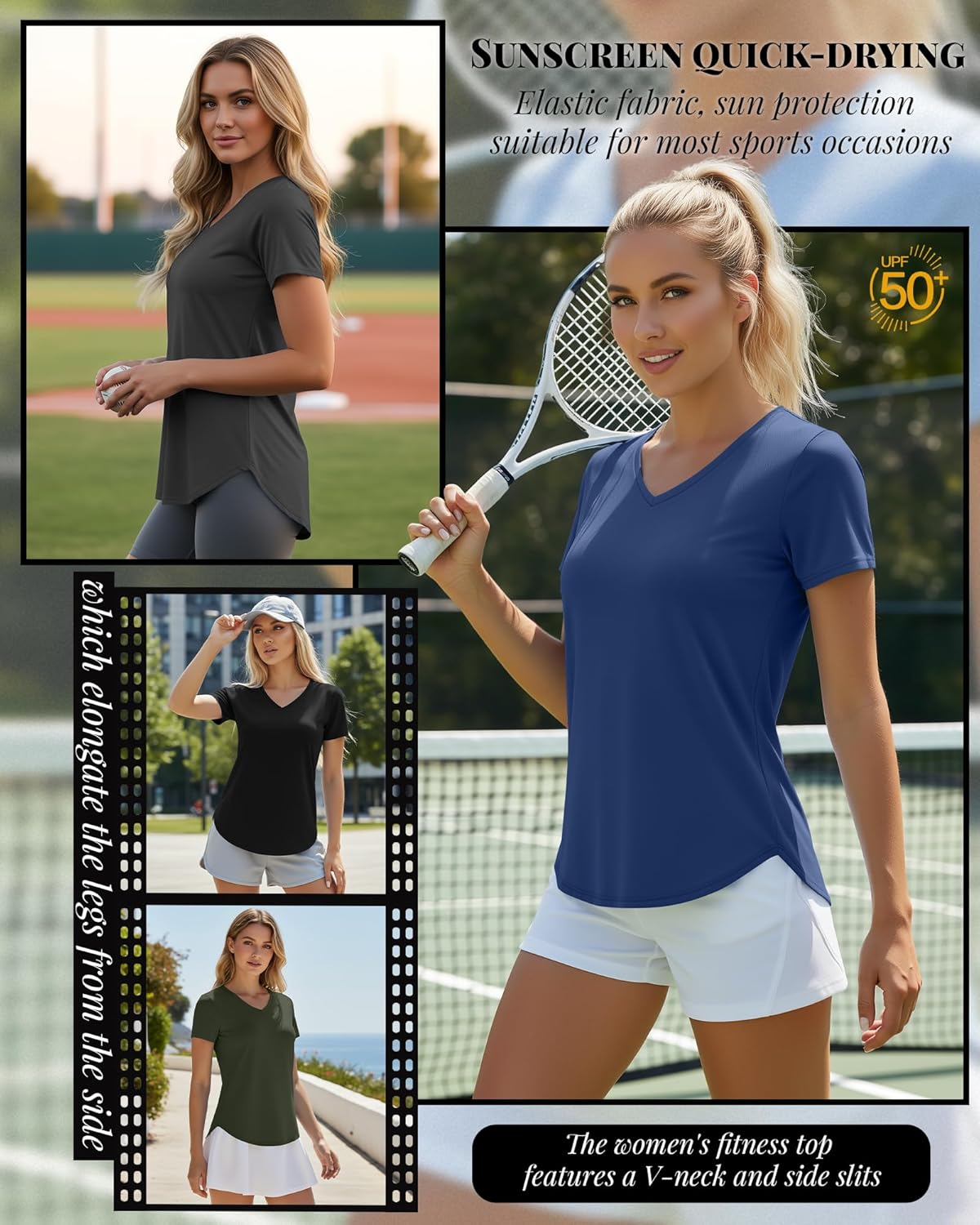 Oakgarden 4 Pack Women's Workout Tops Quick Dry UPF 50+ Exercise V Neck UV Lightweight Gym Side Slits Curved Hem Shirts