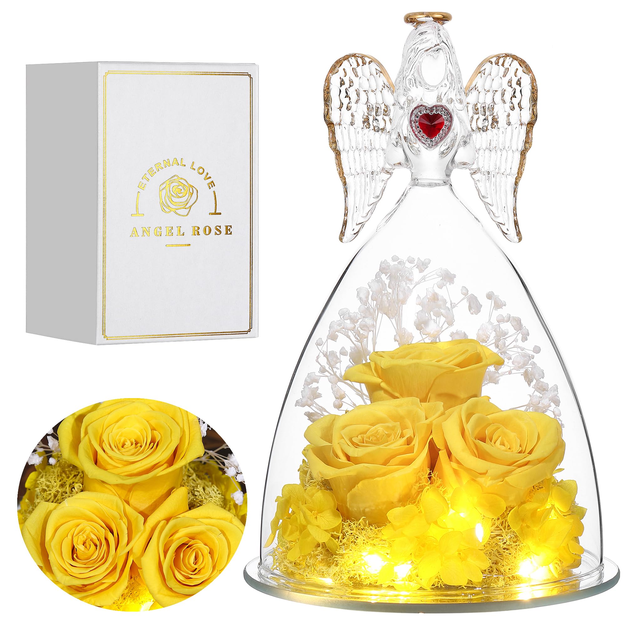 for Women, Large Angel Figurines with Real Roses, Preserved Real Flower Rose for Her, Angel Roses Gifts for Her, Mom, Girlfriend - Yellow