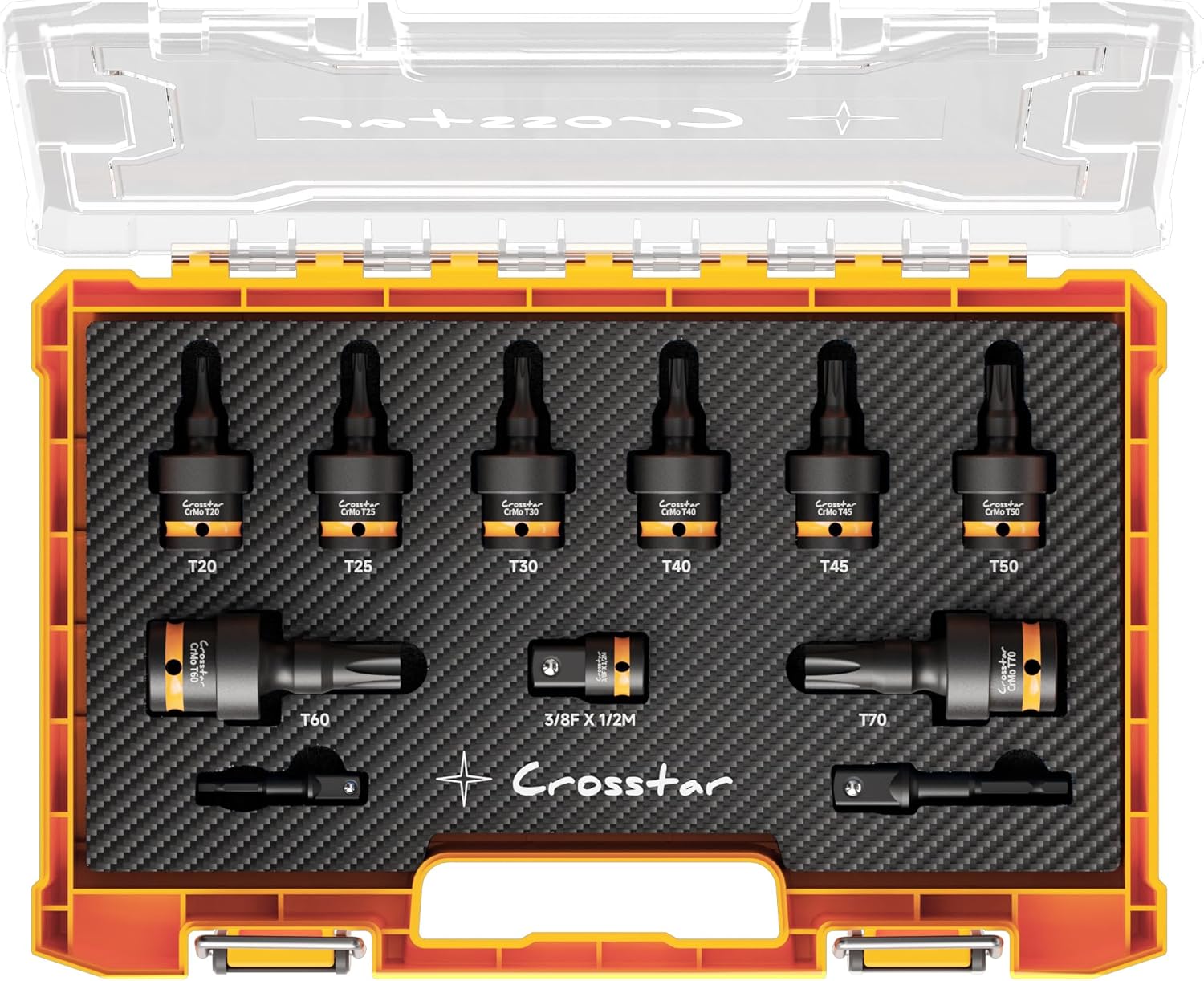 Crosstar 11PCs 3/8" & 1/2" Drive Impact Torx Swivel Socket Set (T25-T70) | CR-MO Wobble Star Sockets, Clear-View Case & EVA Foam Organizer for Tight Spaces