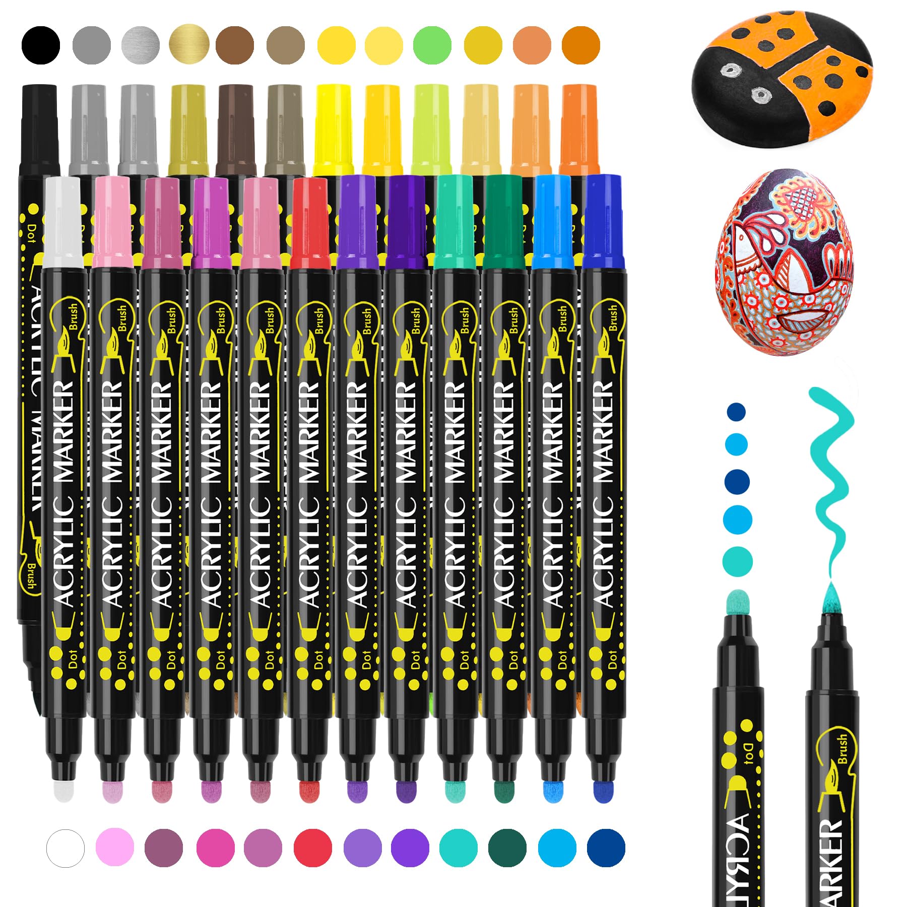 LUZOON Rotuladores Acrilicos Permanentes, 24 Colores Pincel Doble Punta Rotuladores Pintura Acrilica de Colores Rotulador Permanente para Piedras, Cristal, Madera, Cerámica, Plastico (1~5MM-5MM)