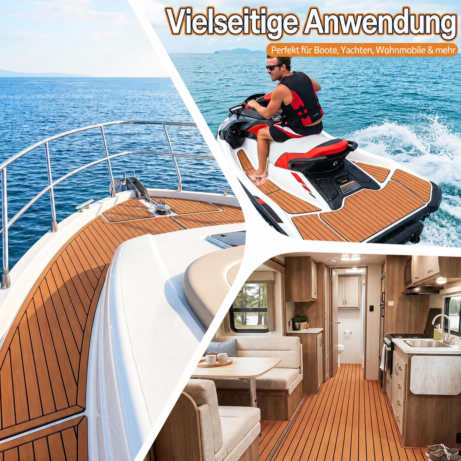 𝐎𝐥𝐥𝐞𝐰𝐢𝐞𝐥𝐥𝐚𝐧 EVA Schaum Bootsbodenbelag 240 x 90 cm Braun, selbstklebende Bodenmatte in Teak Optik, rutschhemmender Marineteppich zum Zuschneiden für Yacht, Wohnmobil und Pooldeck