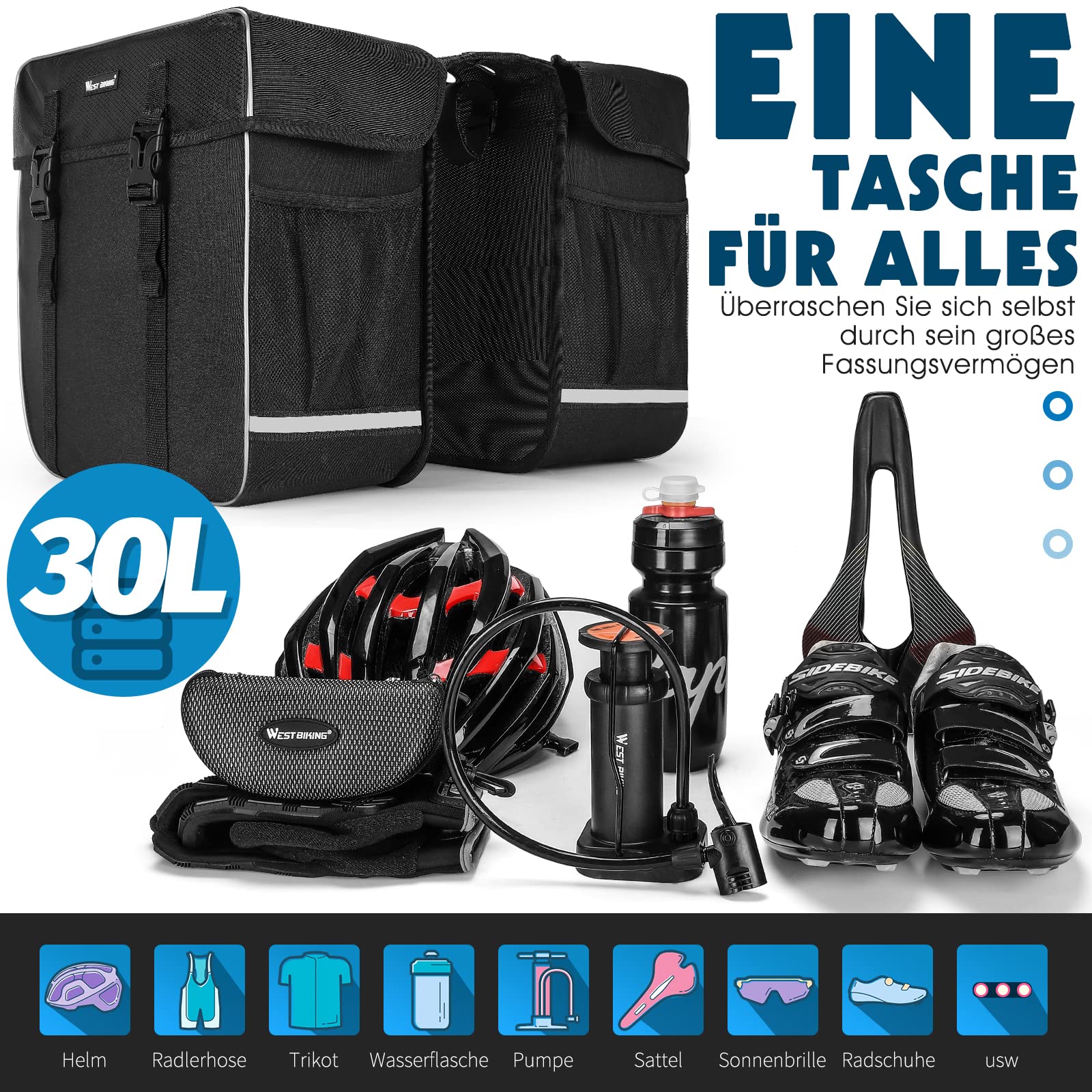 WESTGIRL Fahrradtasche für Gepäckträger - Satteltaschen für Fahrrad Gepäckträger wasserdicht - Hinterradtasche Doppeltasche für E-Bikes MTB Rennrad - Fahrrad Tasche Gepäckträgertasche, 30L