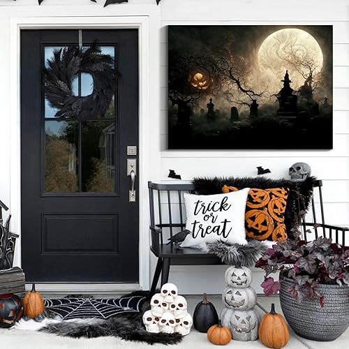Miniatura 116 de Denozer Lienzo decorativo para pared de Halloween, castillo de terror de 32 x 24 pulgadas, decoración de pared de luna, decoración de otoño de Obra