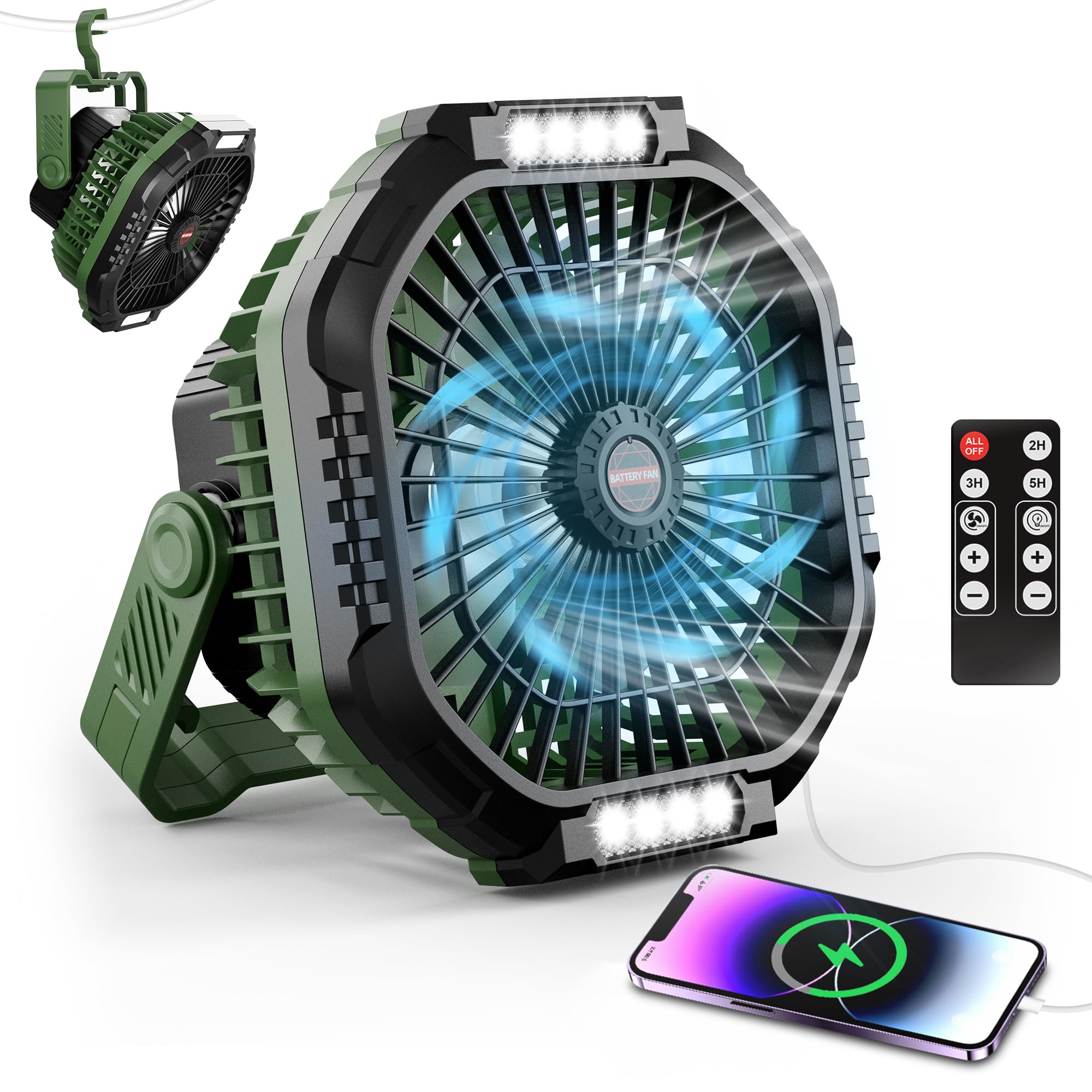 Ventilador inalámbrico para tienda de campaña y actividades al aire libre con luz nocturna