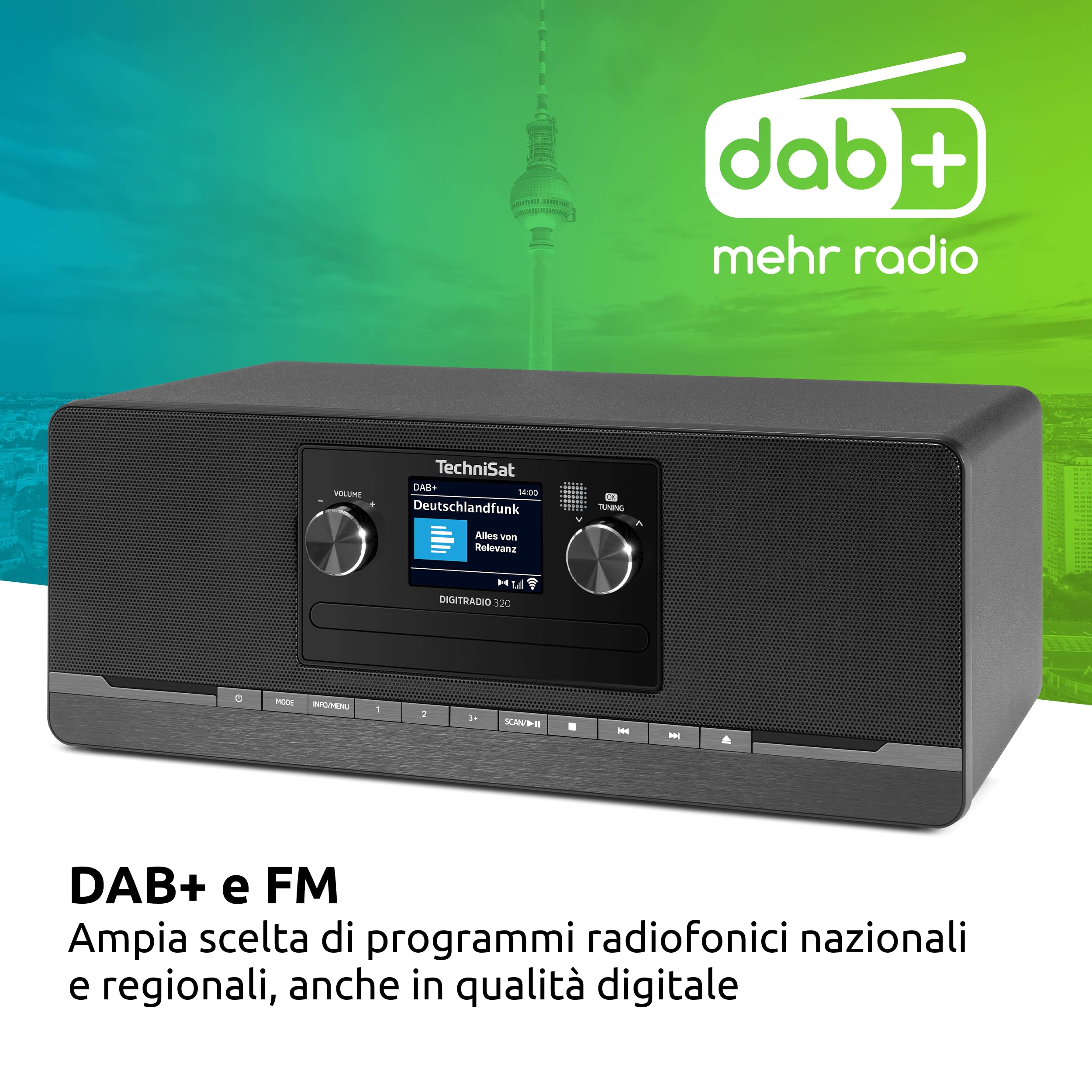 TechniSat DIGITRADIO 320 Radio digitale DAB+ FM CD Bluetooth USB 2×5W RMS TFT