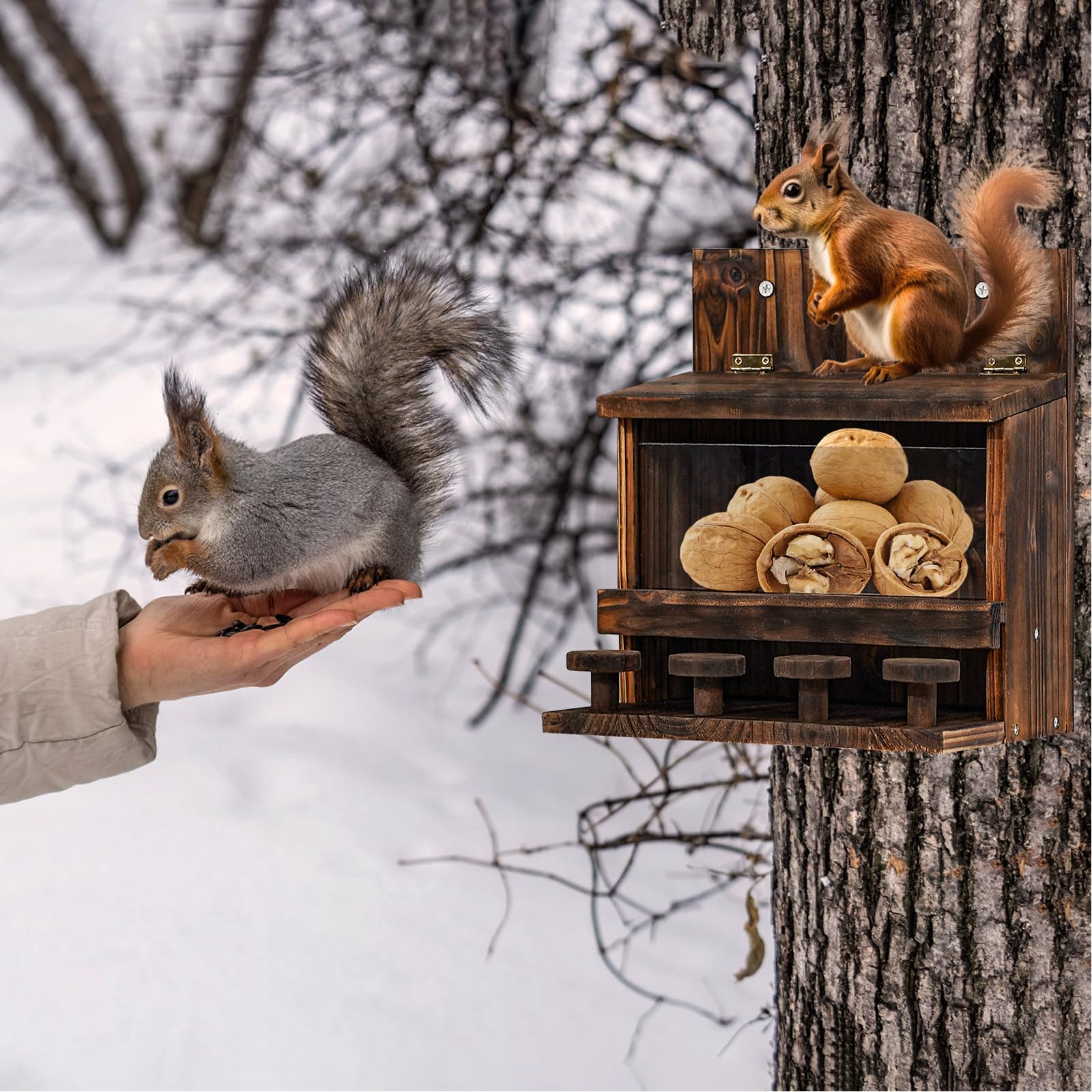 Eichhörnchen Futterhaus aus Holz wetterfest mit Maiskolbenhalter für Garten Balkon
