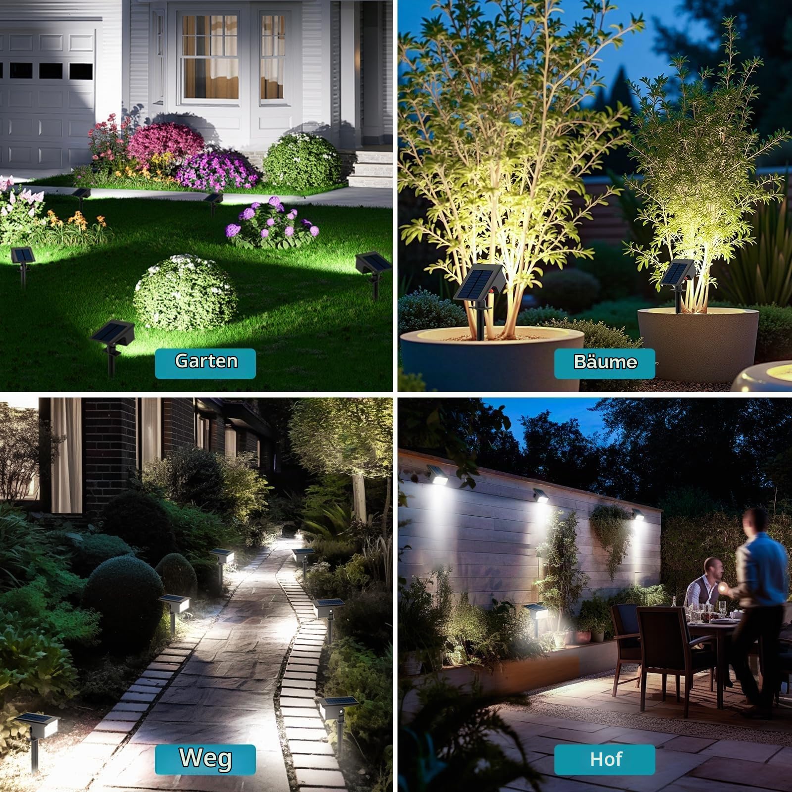 kolpop [6 Stück/ 77 LEDs Solar Gartenleuchten für Außen, 6000K Kaltweiß Baumbeleuchtung, IP65 Wasserdicht, 3 Modi, 800LM Solar Strahler, Dusk to Dawn Solarlampen für Hof Weg Outdoor Pflanzen