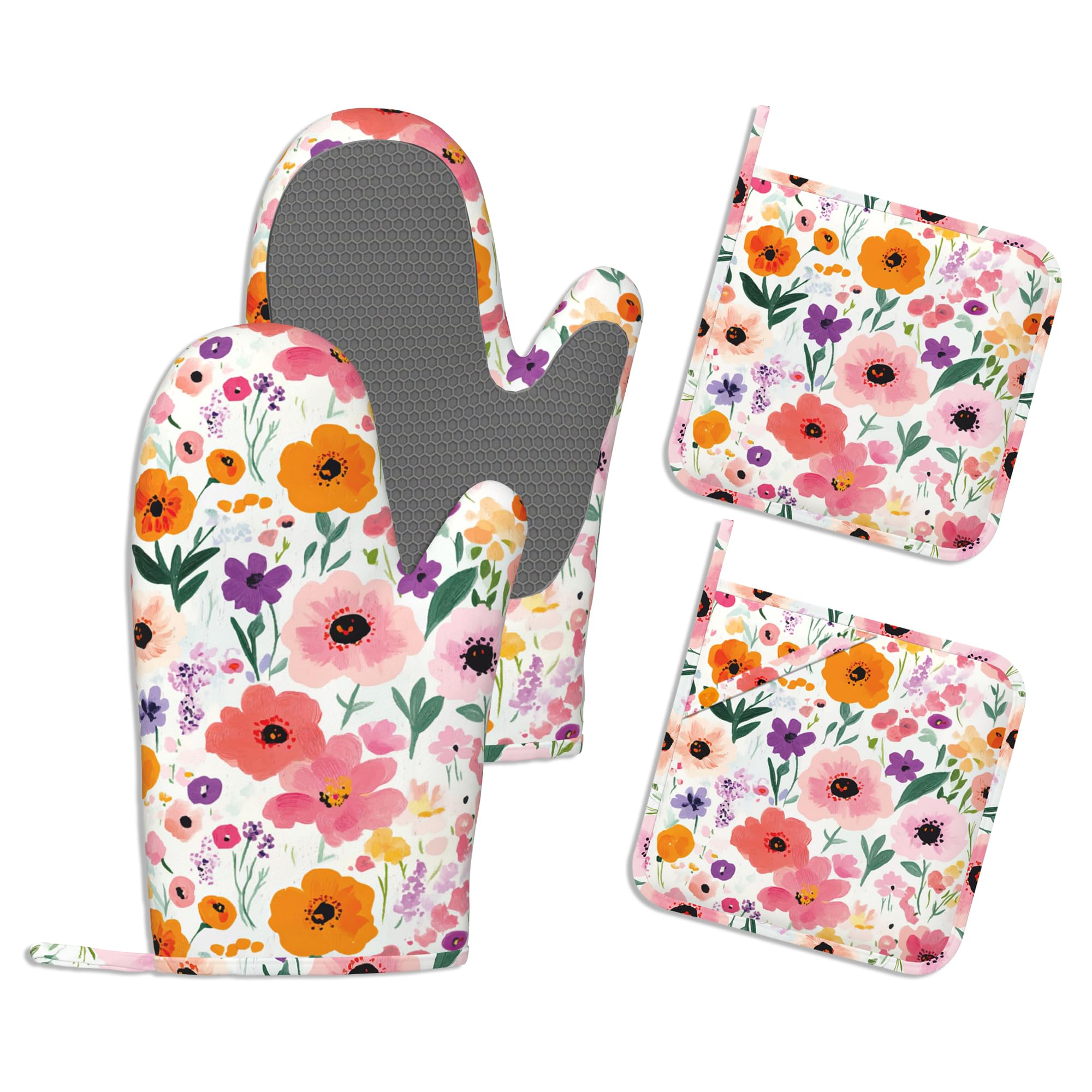Juego de manoplas de horno y soportes para ollas, manoplas de cocina florales de acuarela extralargas para cocinar, de algodón grueso resistente al calor, utensilios de cocina de silicona para hornear