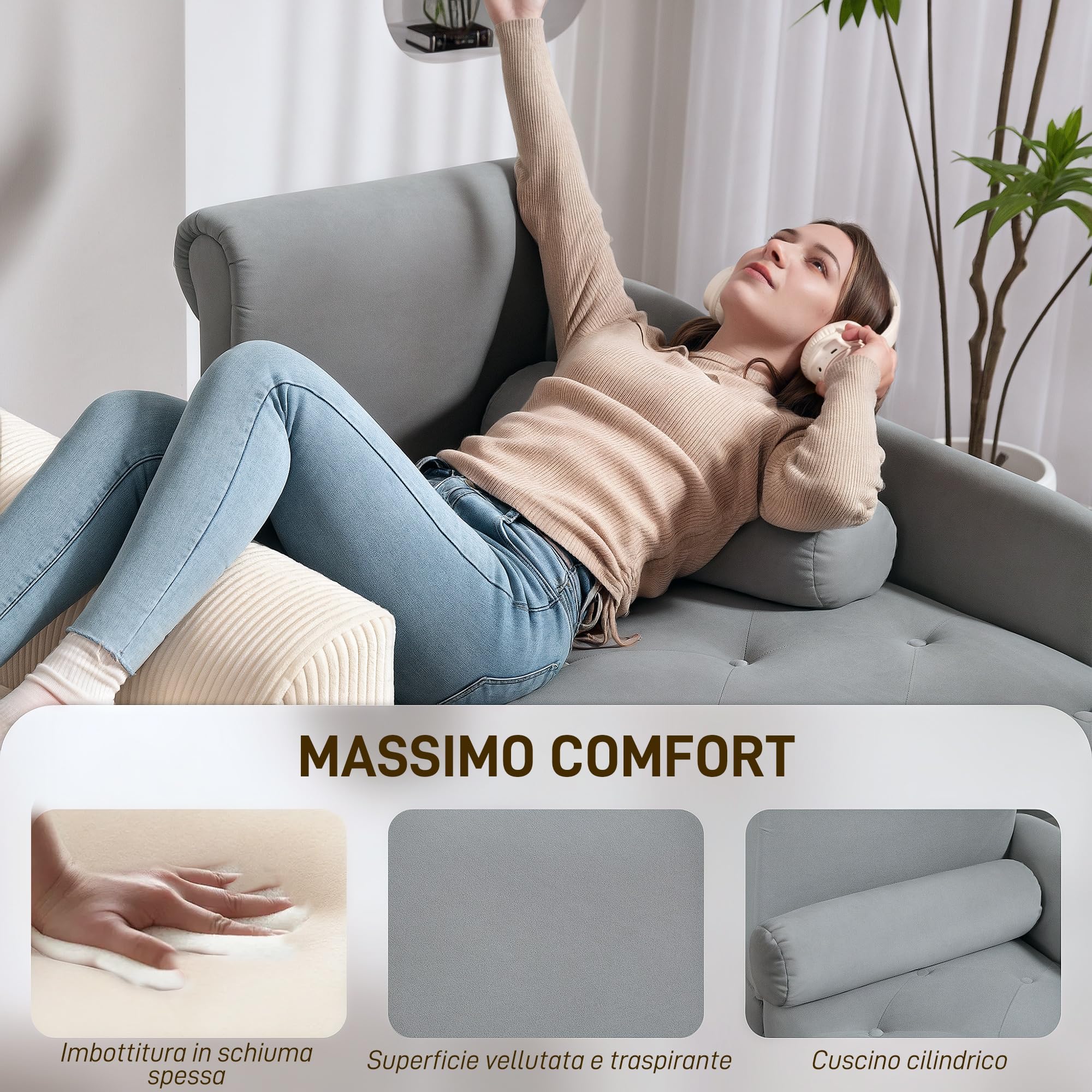 HOMCOM Chaise Longue Trapuntato con Cuscino e Bracciolo Sinistra in Velluto, Divano Imbottito, Poltrona Chaise Longue con Gambe in Legno Massello per Soggiorno, Ufficio e Salotto, Grigio