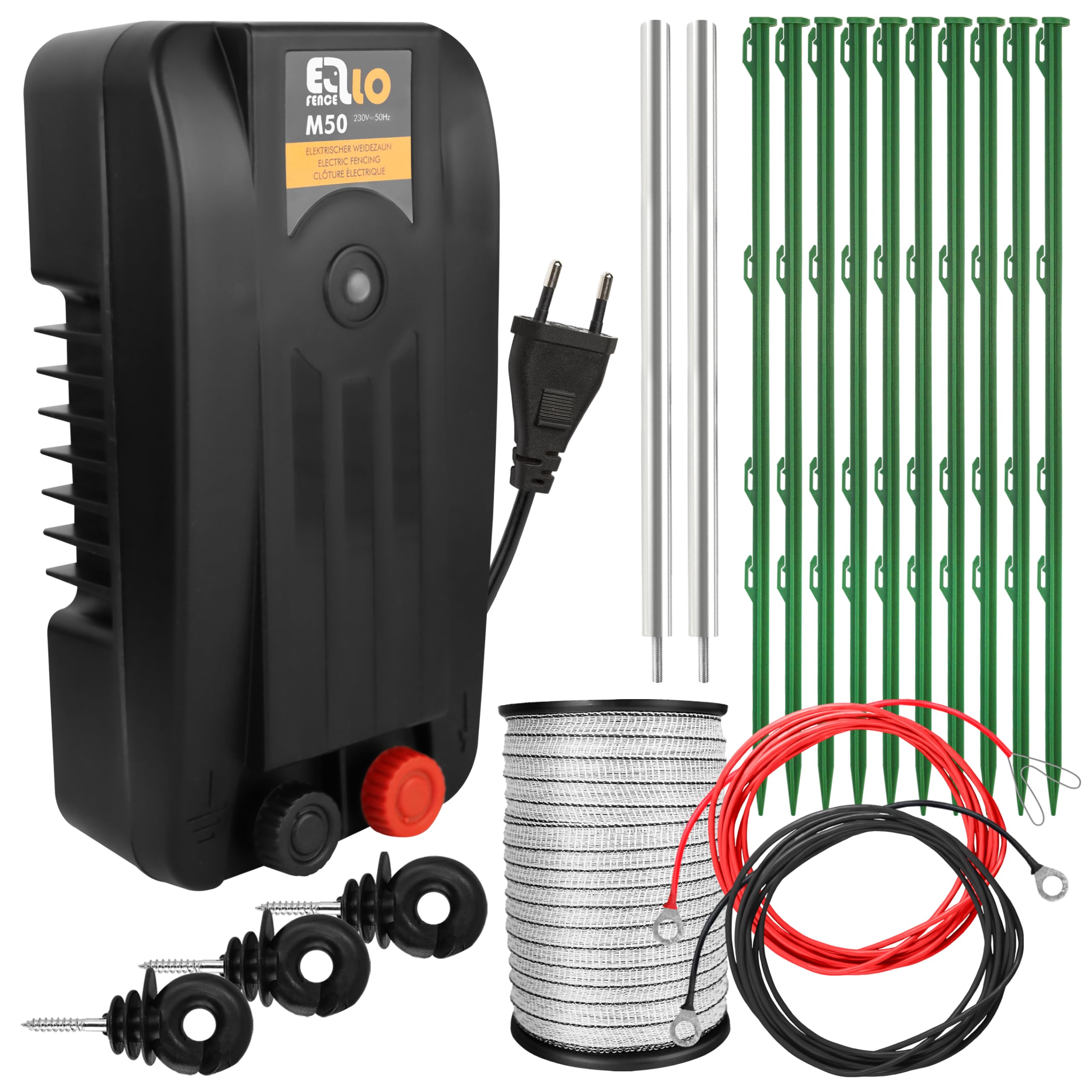 Kit de démarrage clôture électrique M – Électrificateur puissant avec ruban 200 m, 10 piquets, isolateurs à anneau & mise à la terre – Kit complet pour chiens, chats & petits animaux