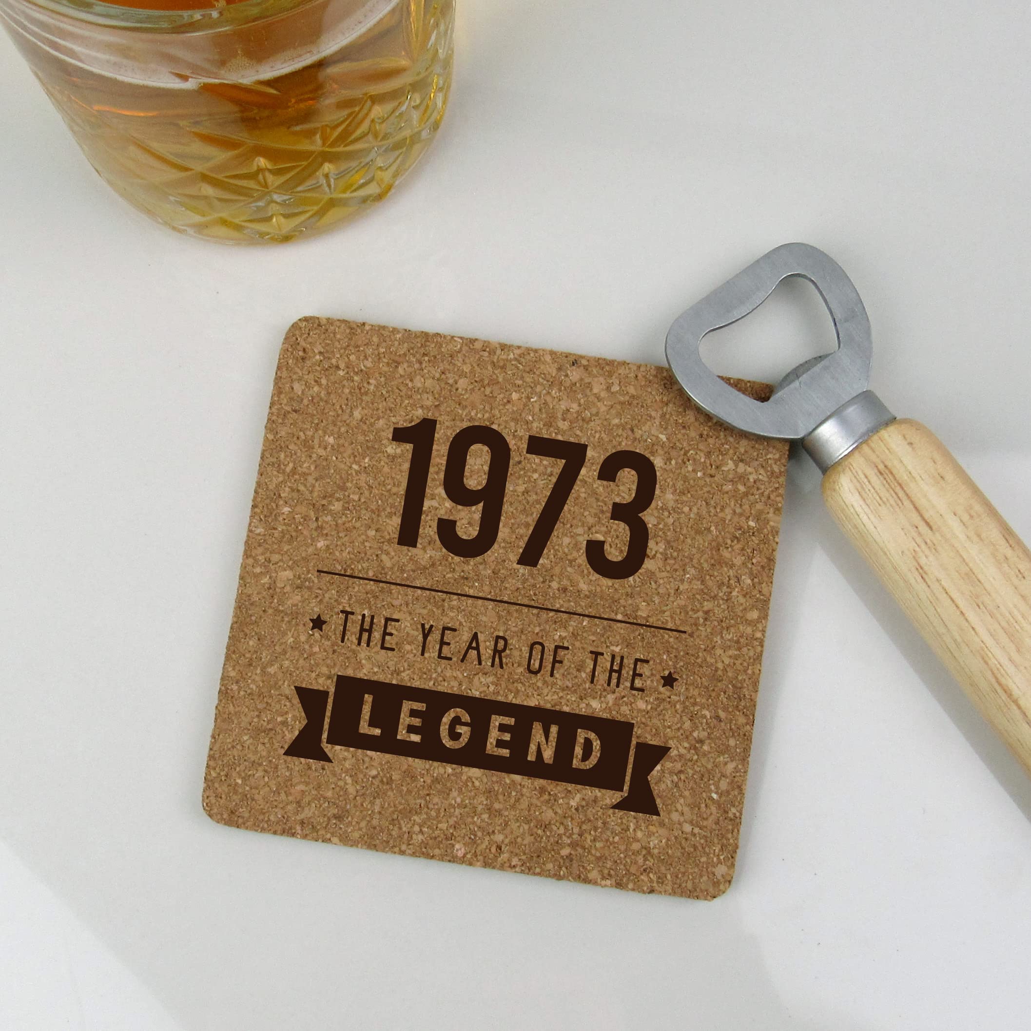 eBuyGB Engraved Square Cork Coaster -1973 Year of The Legend Design - 50th Birthday Gifts for Him, Men - Gift for Dad, Uncle, Brother - Drinks Mat, Placemat