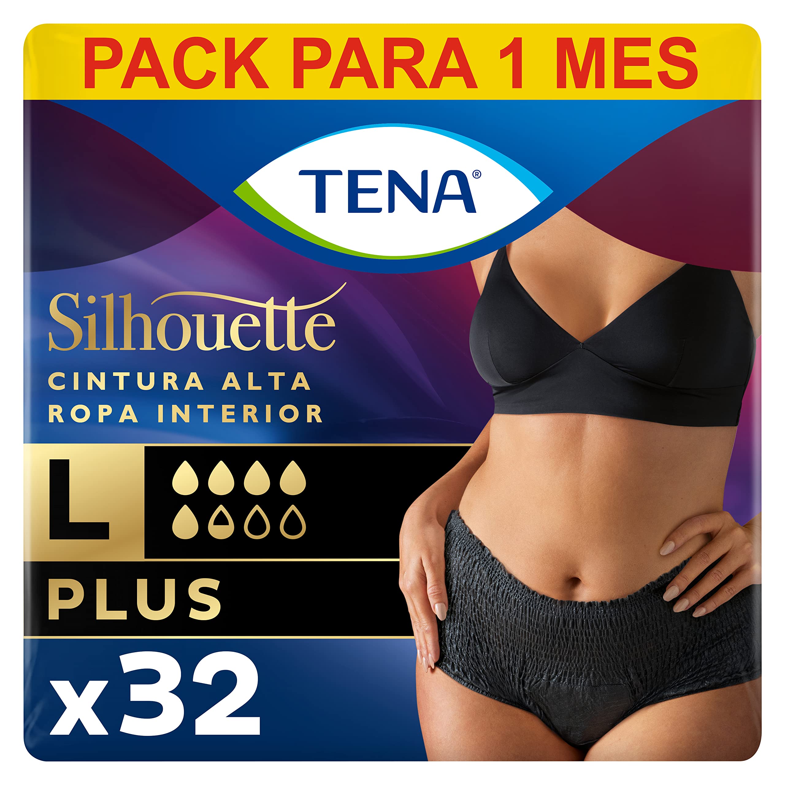 TENA Silhouette Plus Noir 4x8 - Ropa Interior para Incontinencia y Pérdidas de Orina Abundante - Diseño Cómodo y Transpirable - 32 Braguitas Desechables - Negro - Talla Grande