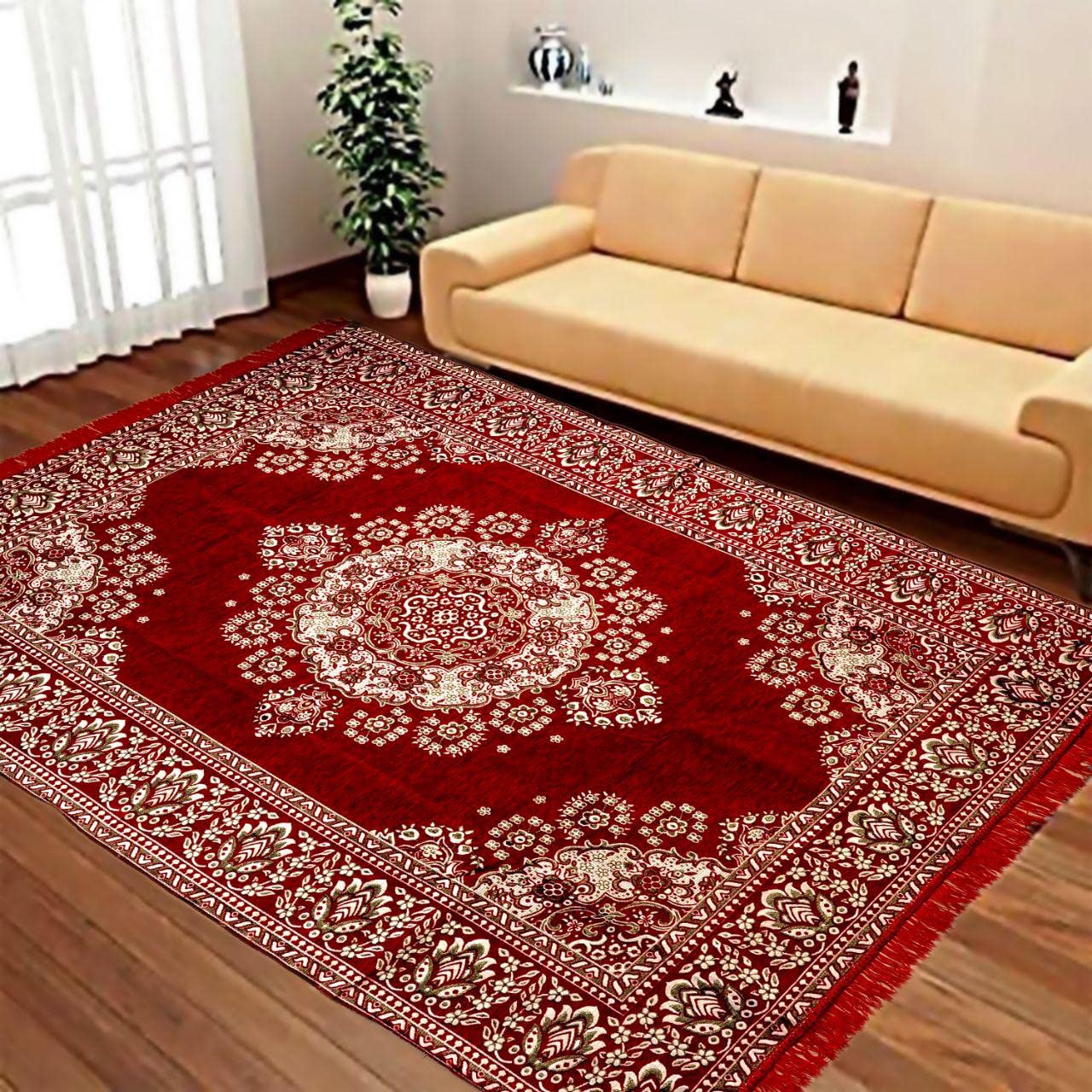 Nature A Designer Superfine Cotton Bed Cover Carpet | Rug | Living Room | Bedroom | Hall | School | Temple | Bedside Runner (Red, 5x7)