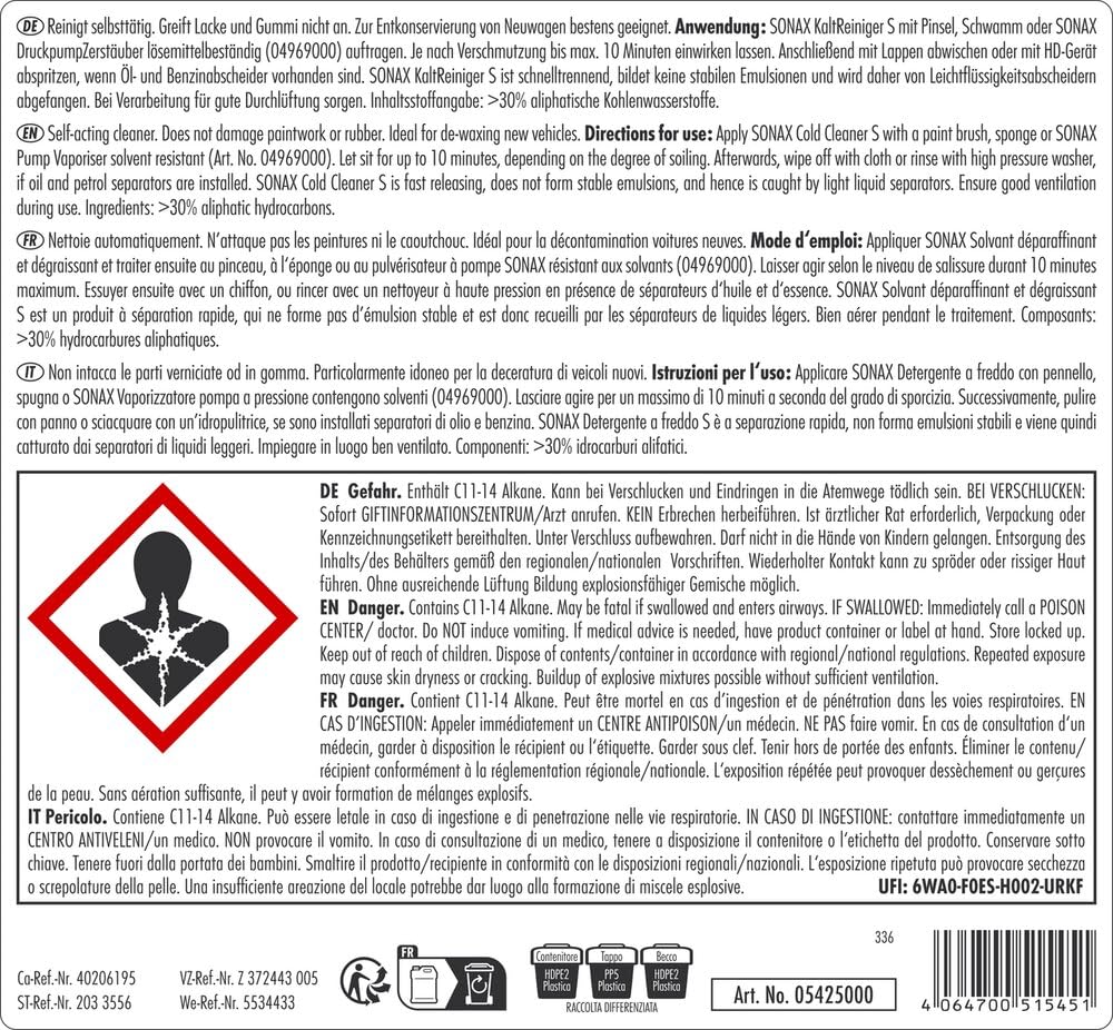 SONAX KaltReiniger S (5 Liter) auf Lösemittelbasis zur Reinigung von öl- und fettverschmutzten Teilen Aggregaten und Werkzeugen | Art-Nr. 05425000