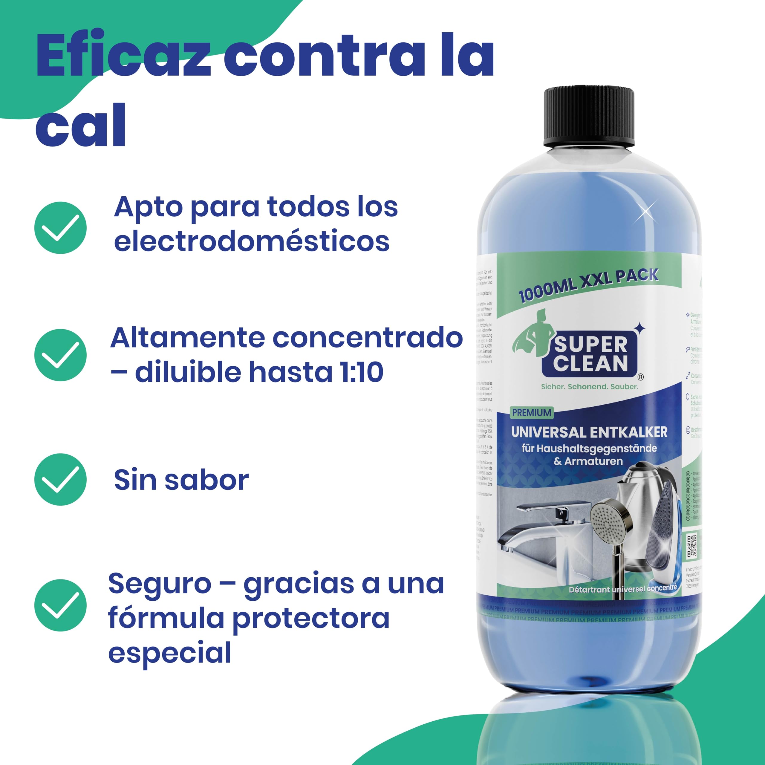 SUPER CLEAN Desincrustante universal líquido | 12 × 1 L | Potente y concentrado | Para hervidores, grifos, duchas, cabezales, baño y cocina | Biodegradable