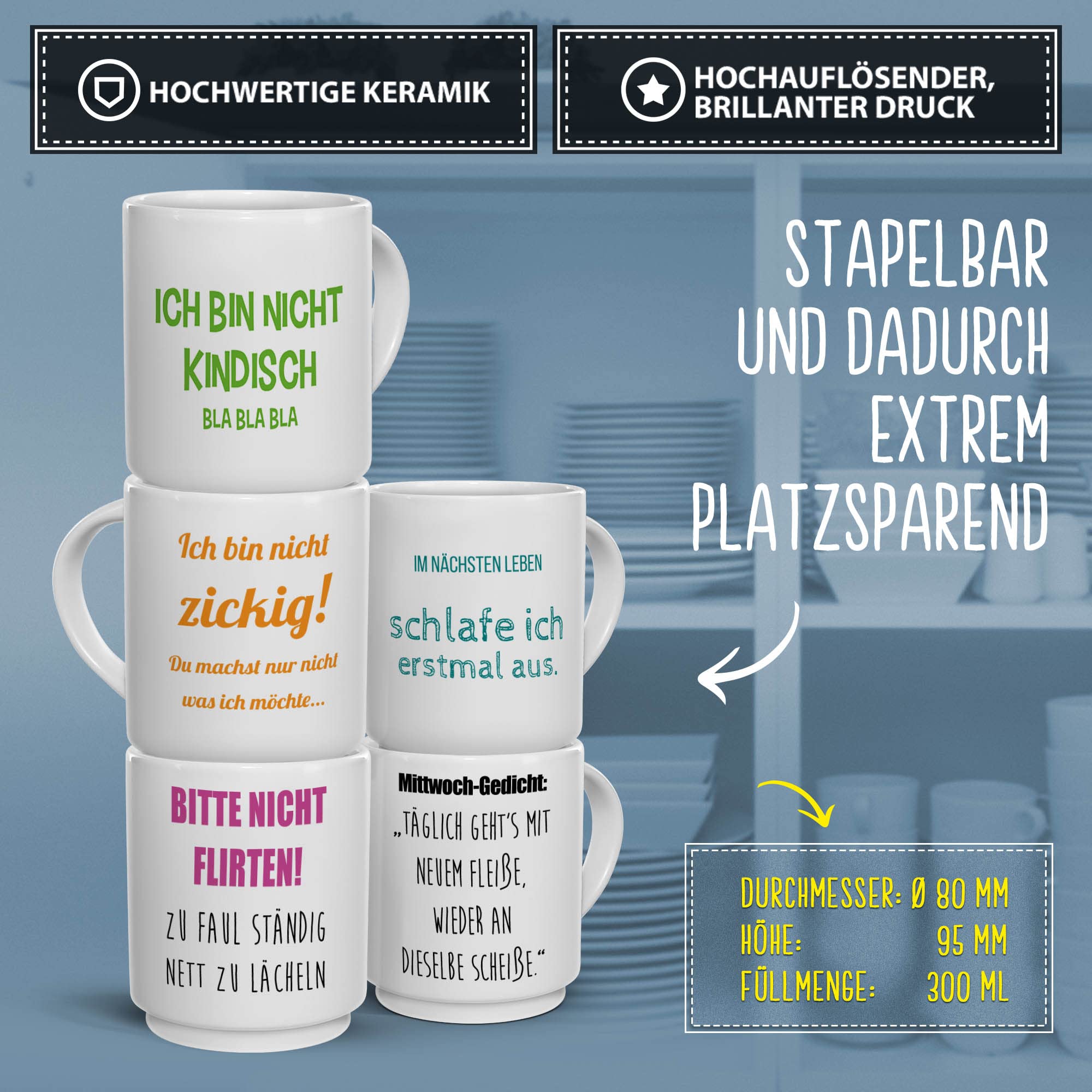 Stapel-Tassen individuell selbst gestalten - mit Text & Name bedrucken - personalisierbar für jedes Familienmitglied mit eigenem Spruch, für Kollegen - Keramik, Stapelbar 5-er Set, für 5 Personen