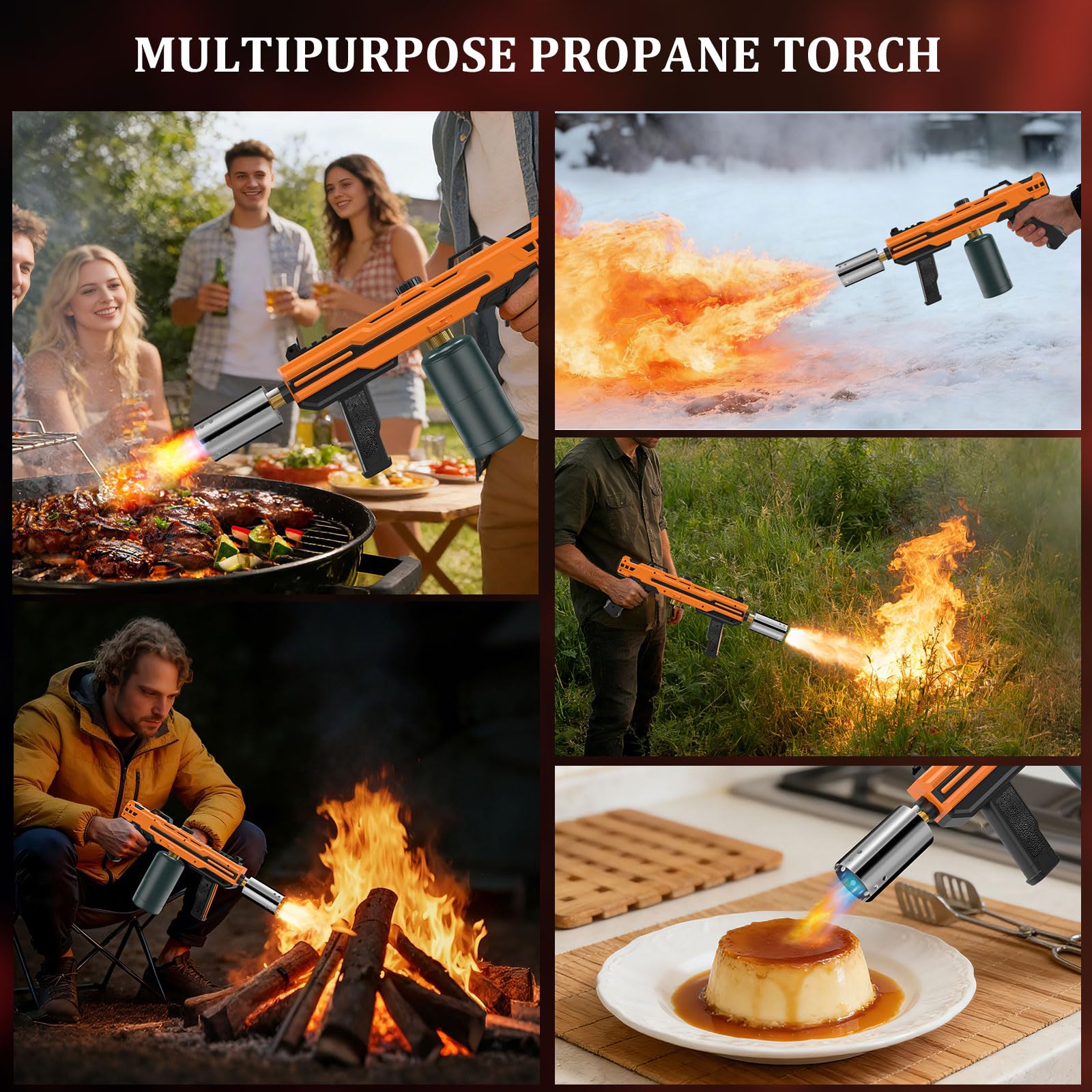 GL GLENSLAVE Potente pistola de gas propano para barbacoa, quemador de cocina con llama ajustable, quemador lanzallamas de cocina, kit de soldadura de gas para barbacoa, barbacoa, carne (naranja)