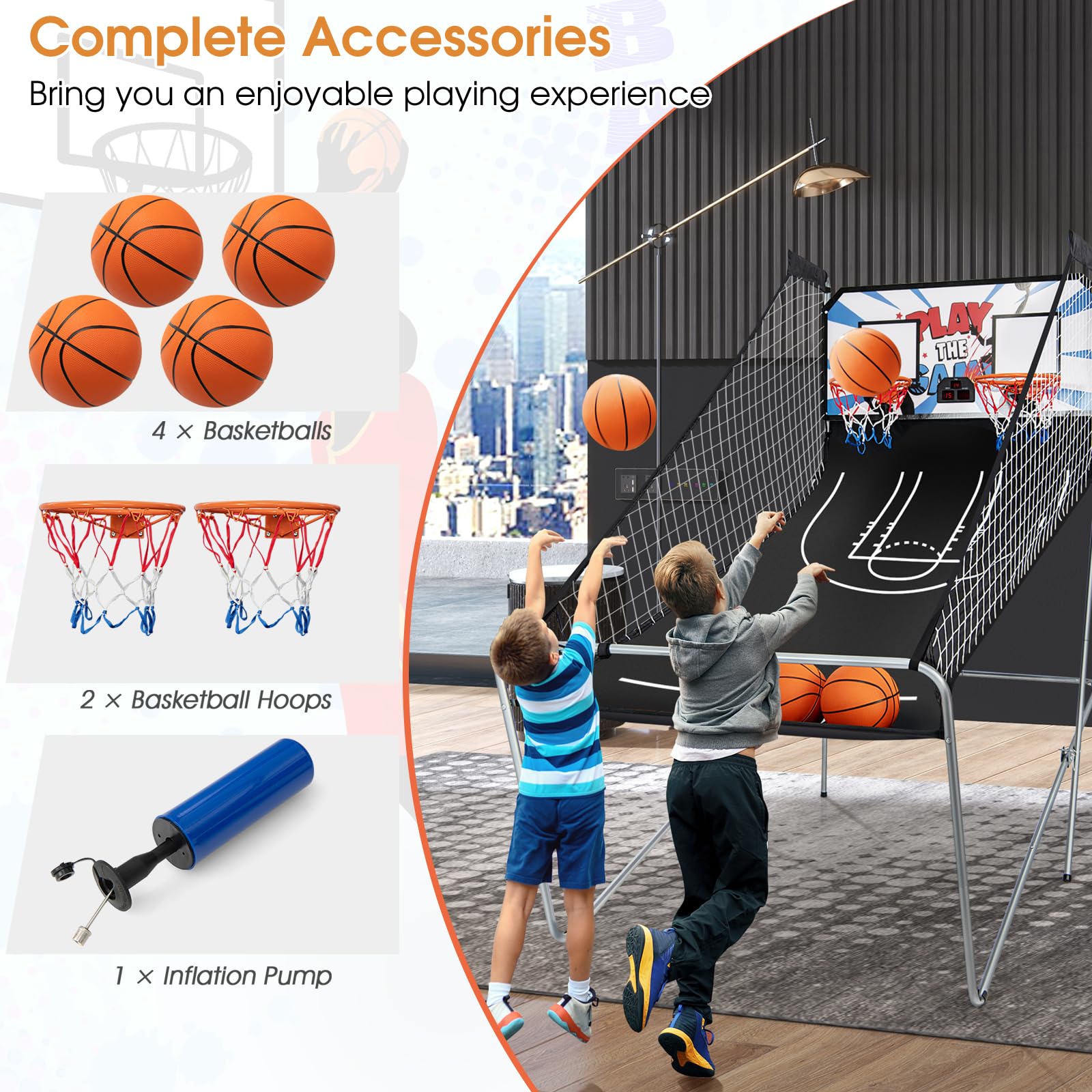 KOMFOTTEU Set di cestini da pallacanestro, arcade pieghevole a doppio cestino con contatore elettronico, 8 in 1 macchina da tiro da basket con 4 palline e pompa, 202 x 107 x 205 cm (bianco)