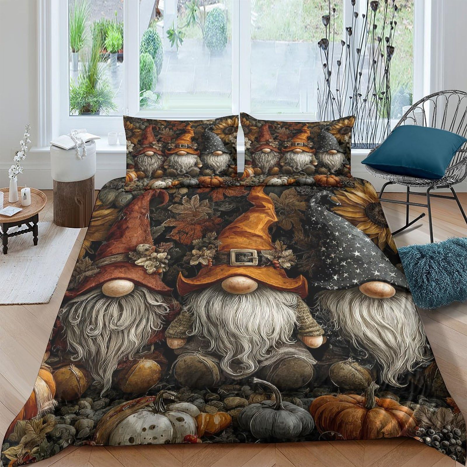 Ctjqhvkz Style-8 3D Printed Autumn Gnome Fitted Sheet Microfiber Soft Breathable Pumpkin Forest Bed Cover For Bedroom Decor Single（135X200cm）