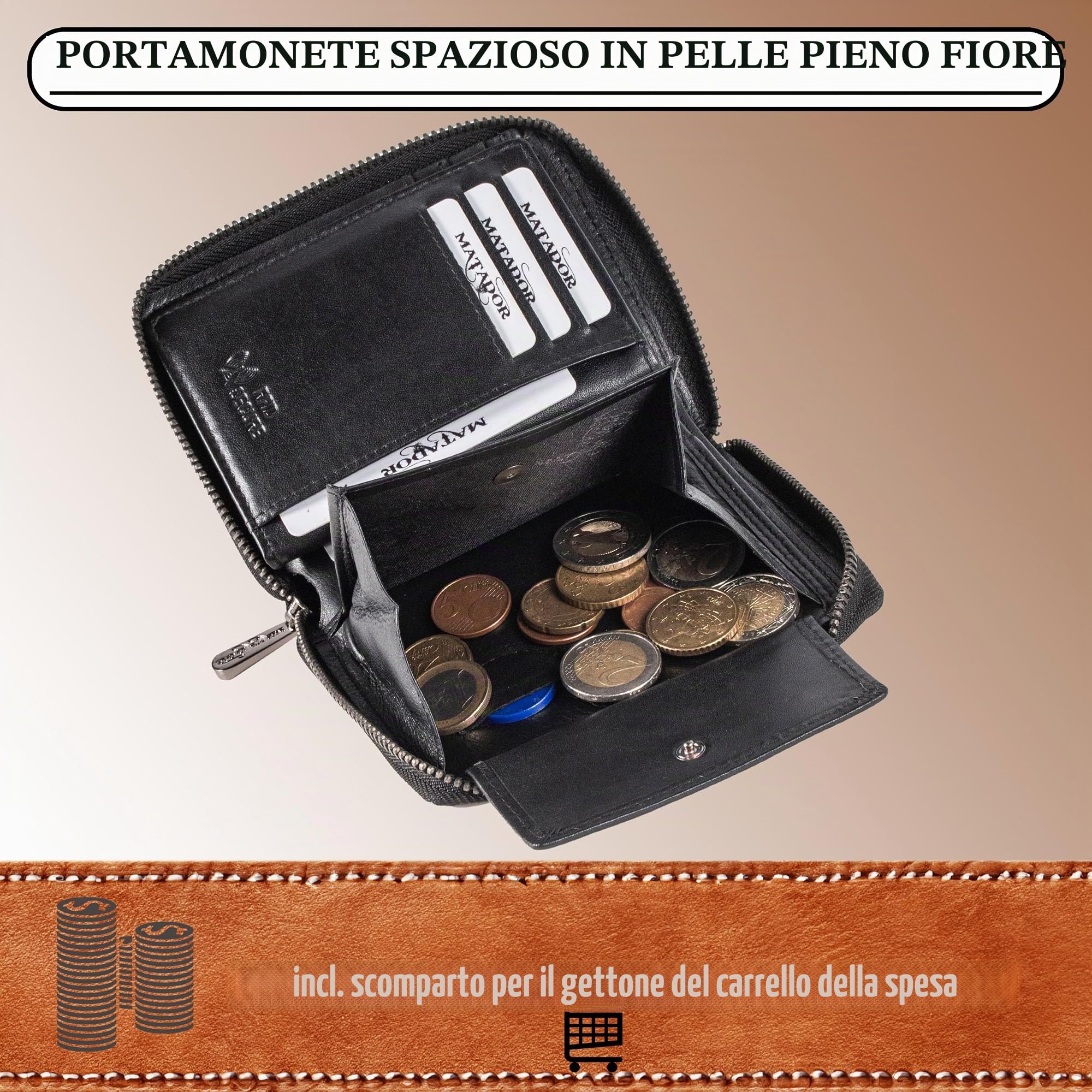 Matador Portafoglio Uomo Nero Pelle #CORDOVA | Nobile Scatola Regalo, Lusso, Protezione RFID, Con Cerniera, Molti Scomparti per Carte, in Nappa