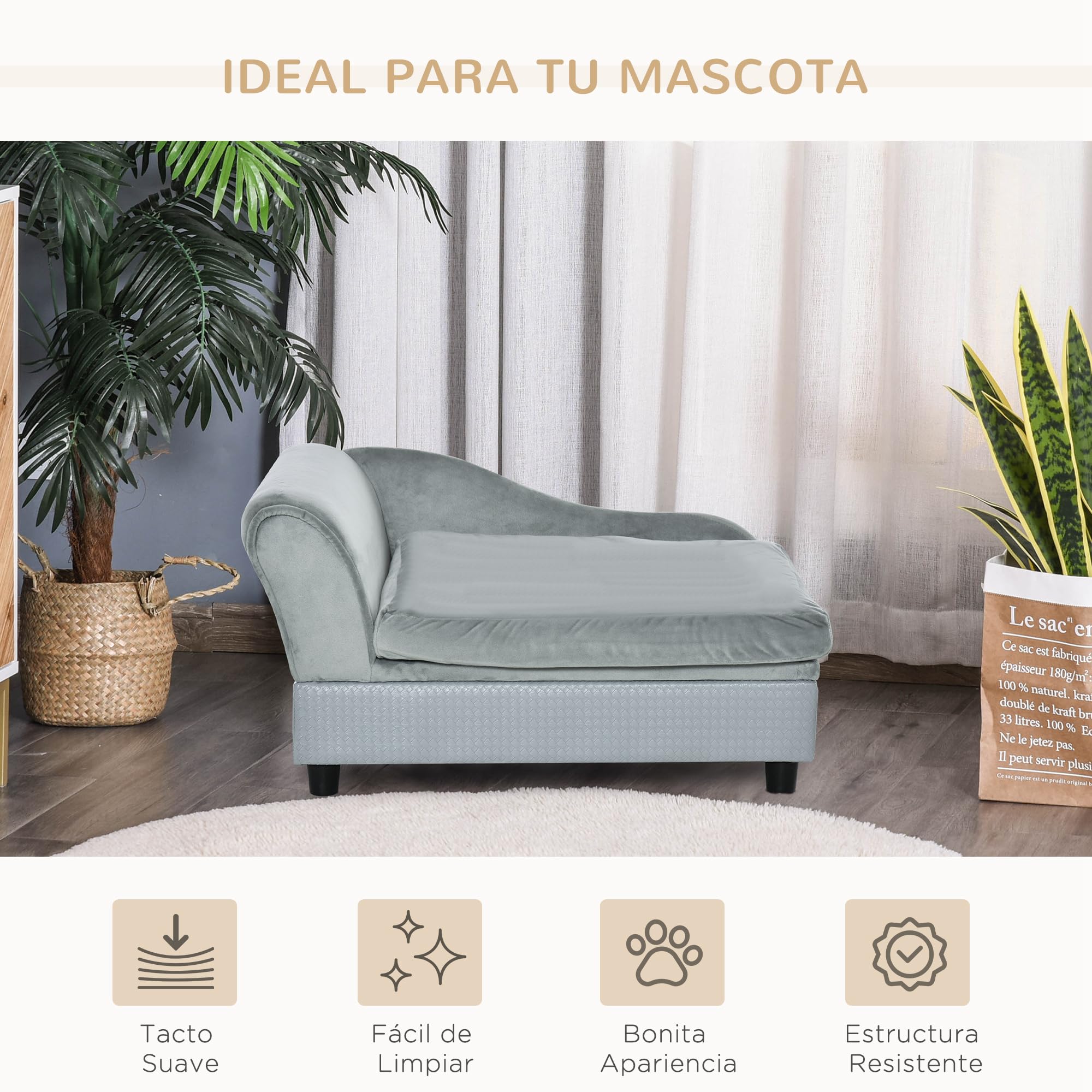 PawHut Sofá para Perros Pequeños Sofá para Gatos Tapizado en Terciopelo con Almacenaje Oculto y Cojín Lavable Carga 10 kg 76x45x43 cm Gris Claro