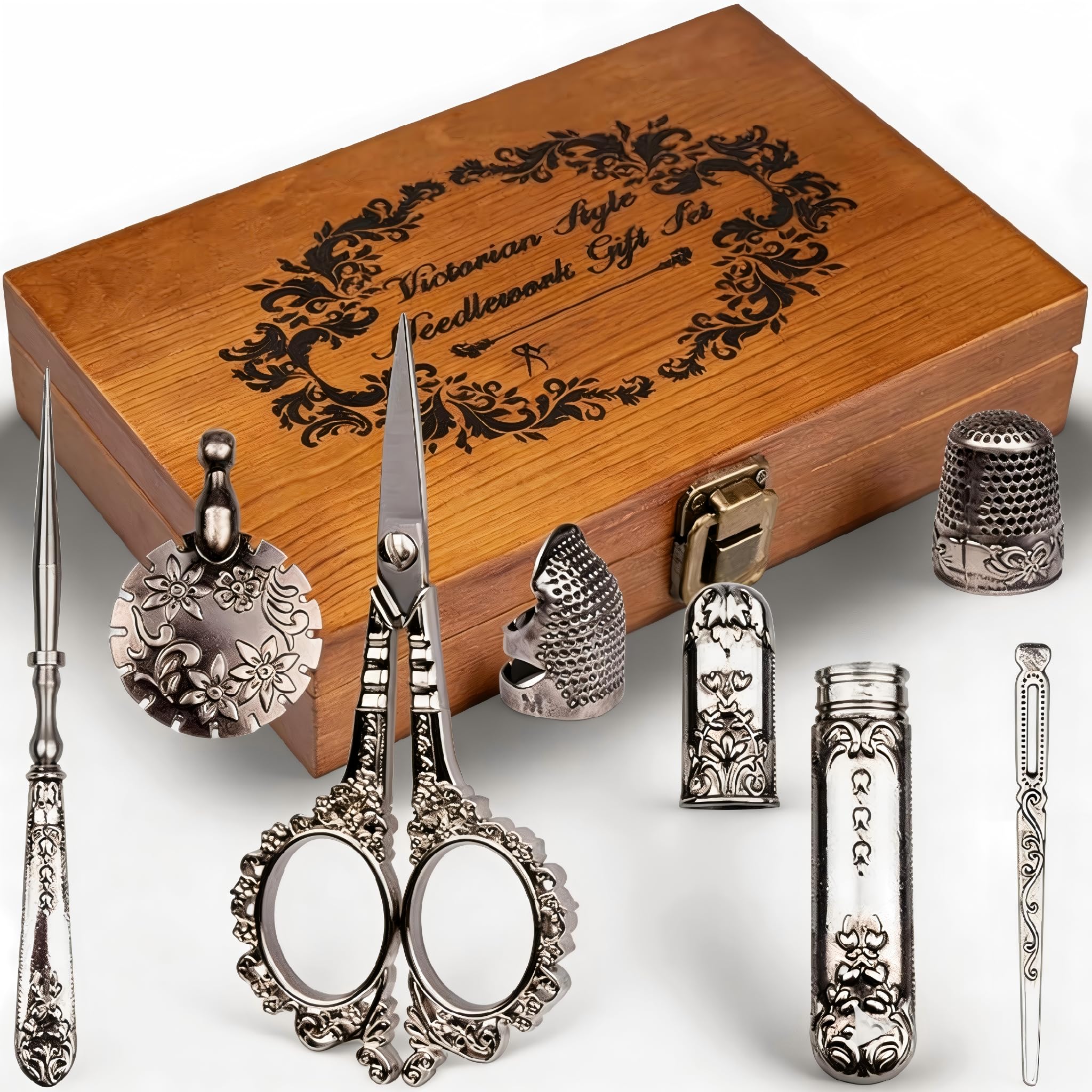 Kit De Herramientas De Costura Europeas, Tijeras De Bordar Vintage Y Estuche Con Dedal Y Botella De Aguja Para Coser Accesorios De Artesanía De Punto De Cruz(Plata)
