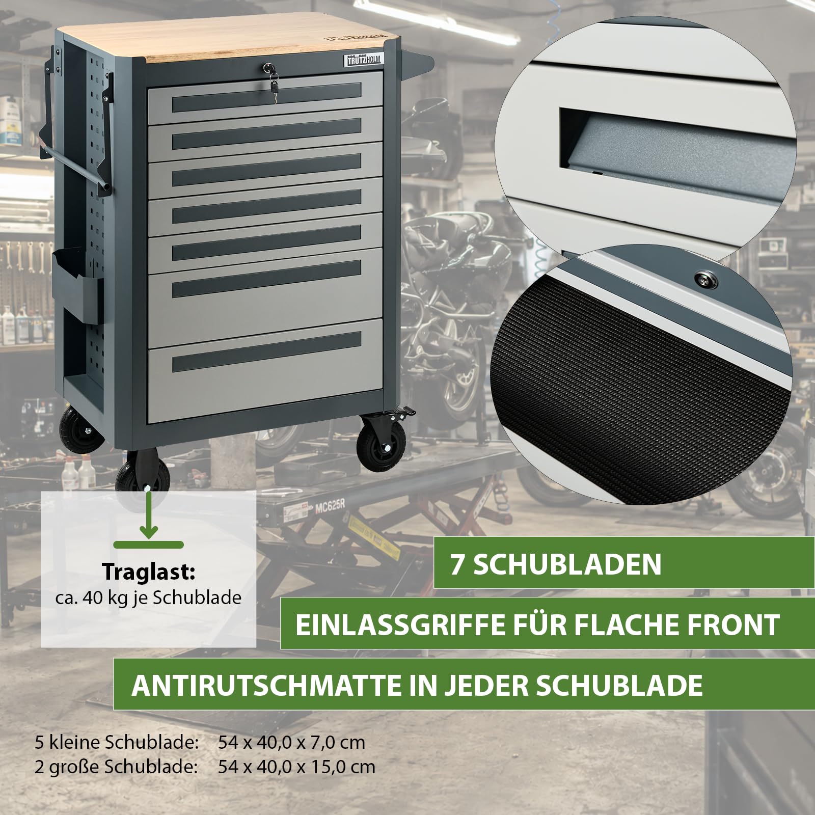 TRUTZHOLM Werkstattwagen 99x82 cm Werkzeugwagen leer mit 7 Schubladen, Holzarbeitsplatte, rollbar, Werkzeugschrank mit Rollen, Papierrollenhalter, Steckfach, Anthrazit Grau