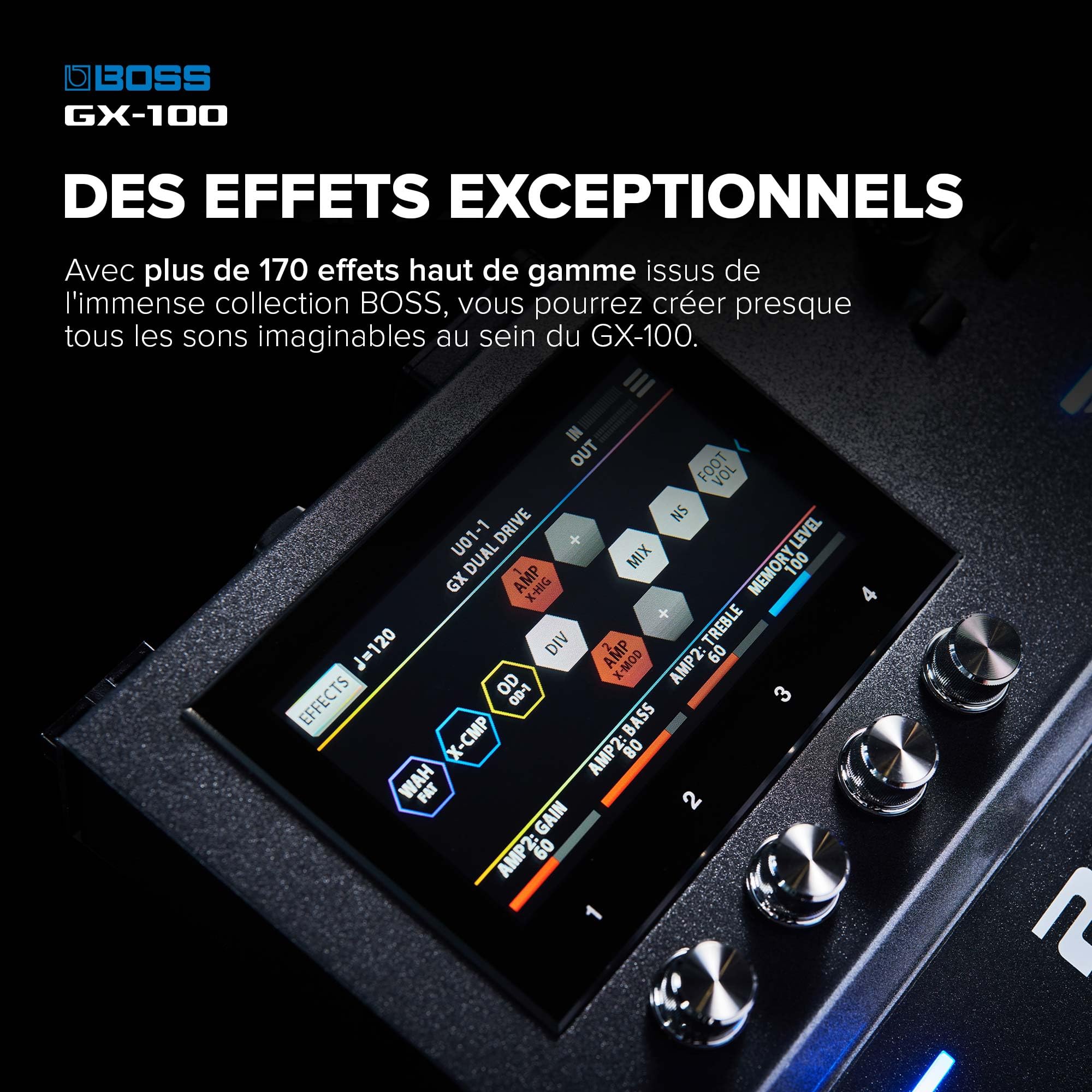 BOSS GX-100 | Processeur d'effets évolué pour guitare | Sons authentiques d'amplis à lampes grâce à la technologie AIRD | 32 types d'ampli et plus de 170 effets BOSS