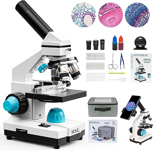 HSL Microscopio 40X-2000X para niños, kit de microscopio compuesto monocular para estudiantes y adultos, microscopios biológicos potentes LED dual