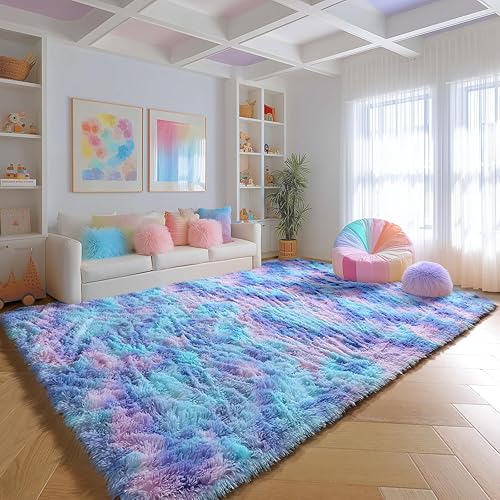 PAGISOFE 9x12 Rainbow Large Area Rug for Bedroom Girls, Cute Kawaii Purple Rainbow Princess Rugs for Kids Room Playroom Nursery Classroom, Plush Mermaid Rug,Clorful Room Decor for Teenage Pastel Rugs