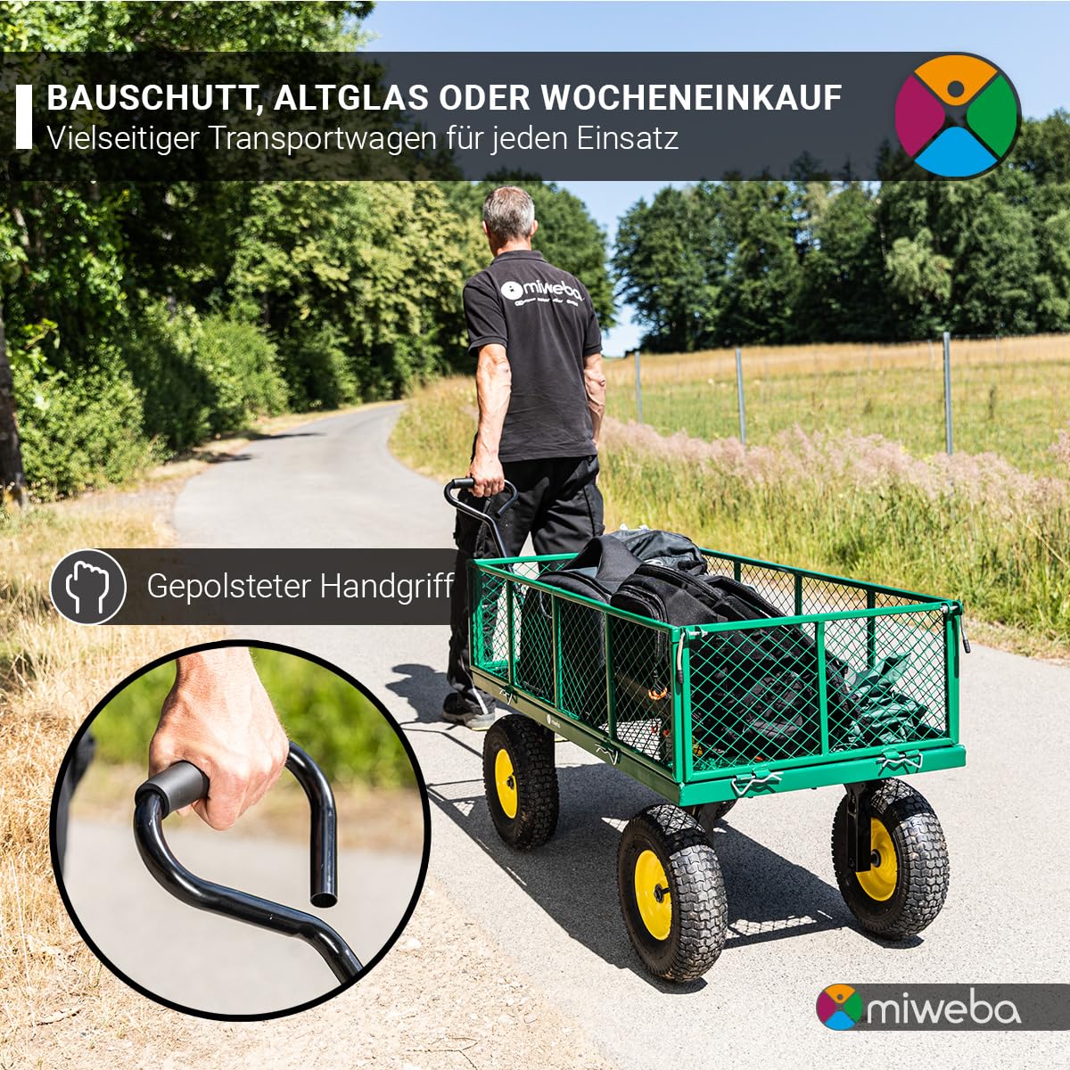 Miweba Bollerwagen MB-700 | 𝟕𝟎𝟎 kg Traglast - Luftreifen - Wände klappbar - Volumen 220 L - Sackkarre - Schubkarre - Transportwagen - Handwagen - Gartenwagen - Wagen - Gartenkarre (Grün)