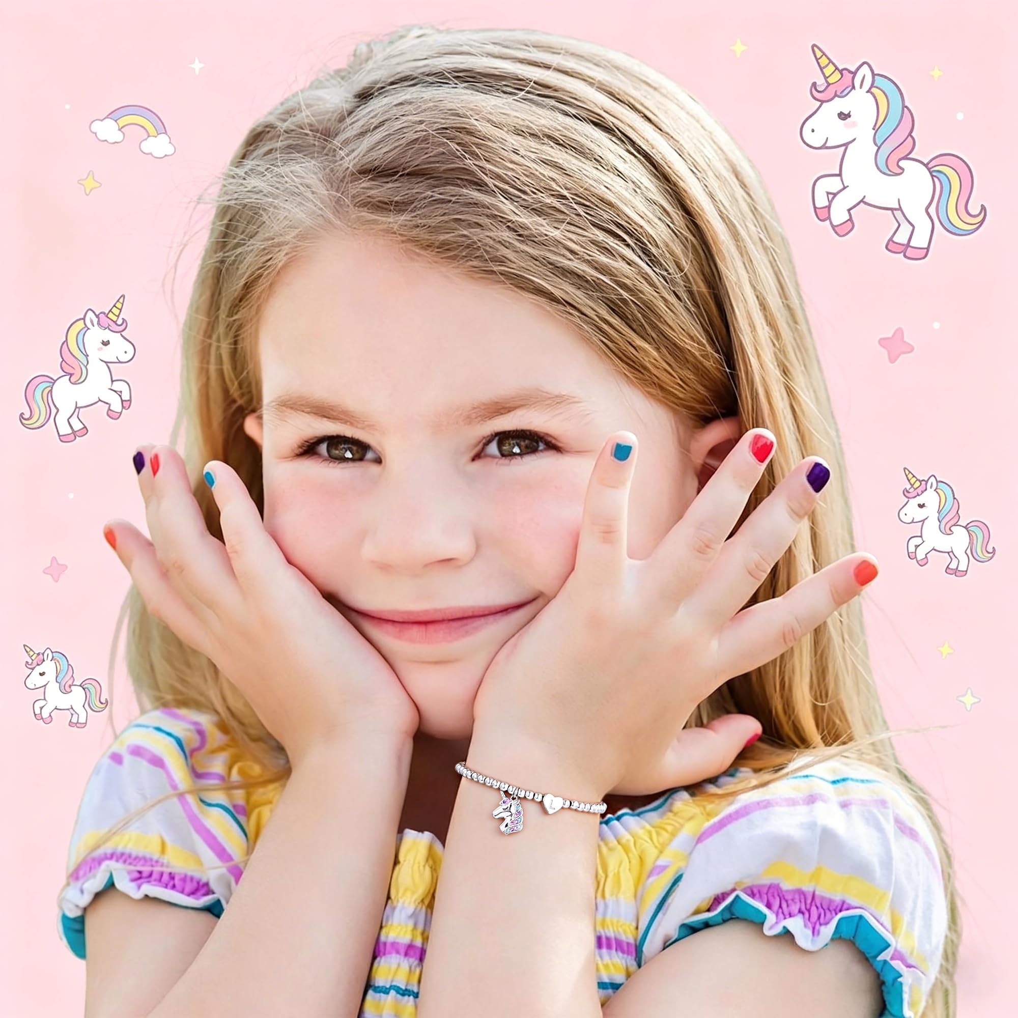 Turandoss Einhorn Armband für Mädchen - 14K Weißgold Vergoldet Silber Herz Perlenarmband mit Buchstaben für Mädchen Kinderschmuck, Einschulung Geschenk Einhorn Geschenke für Tochter Enkelin