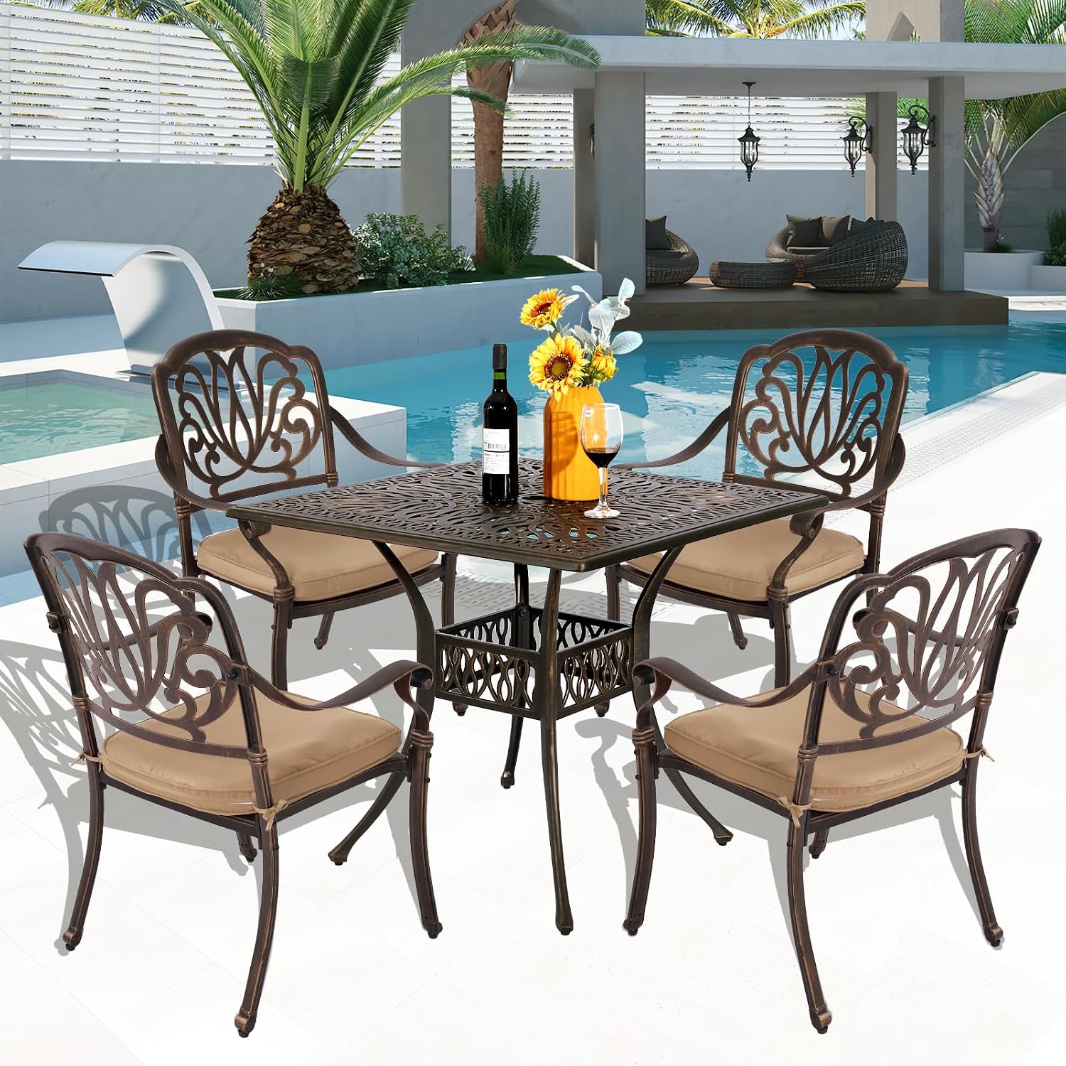 TITIMO 5-Piece Outdoor Patio Dining Set,Cast Aluminum Furniture Patio Conversation Set All-Weather Includes Square Table with Umbrella Hole for Patio Garden Deck, Flower Design (Khaki)
