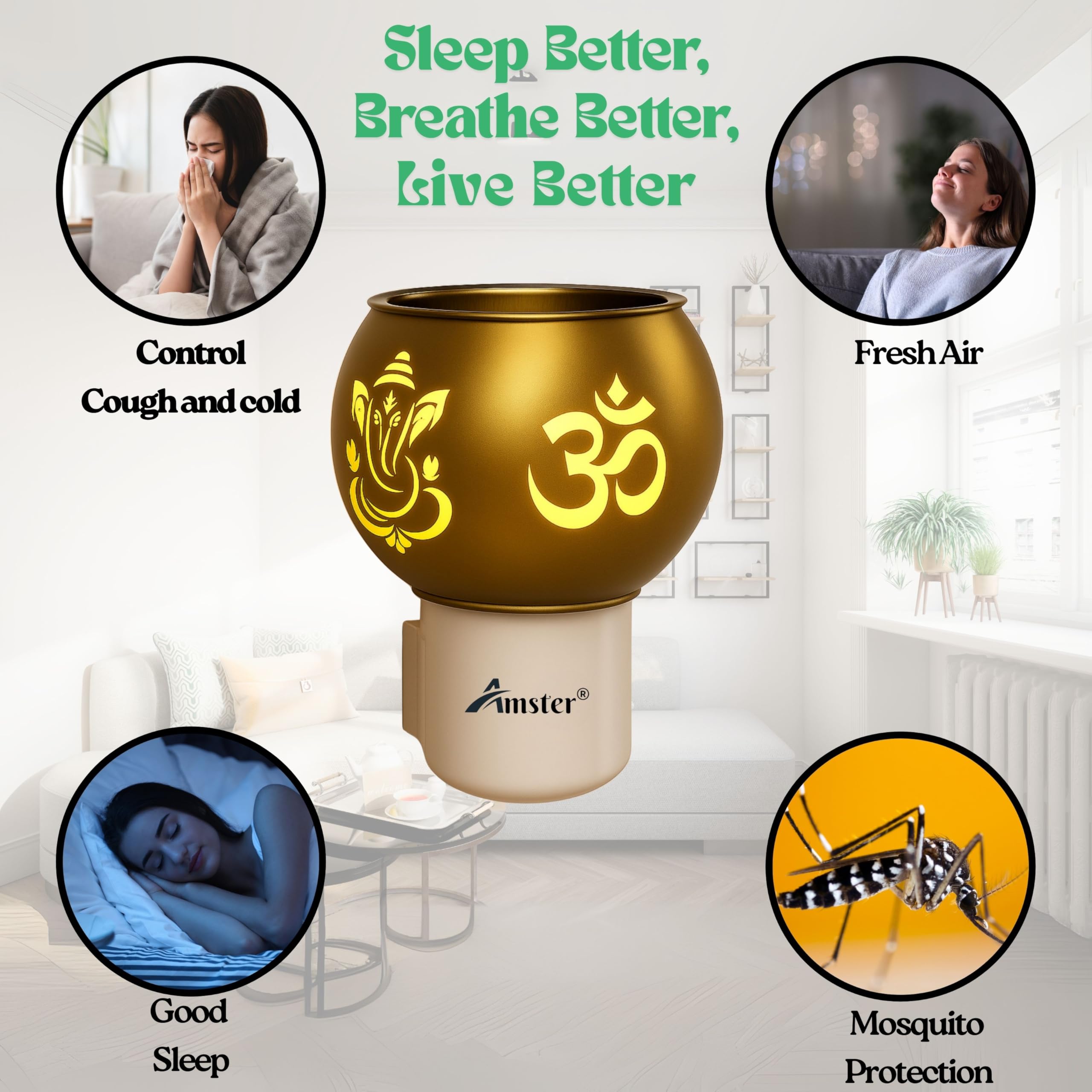 Amster Electric Essential Oil Diffuser for Camphor & Aromatherapy – Silent Aroma Diffuser for Meditation, Yoga, Home & Office Décor, Efficient Diffusion of Fragrance (Pack of 1) (GL Camphor Diffuser) 1