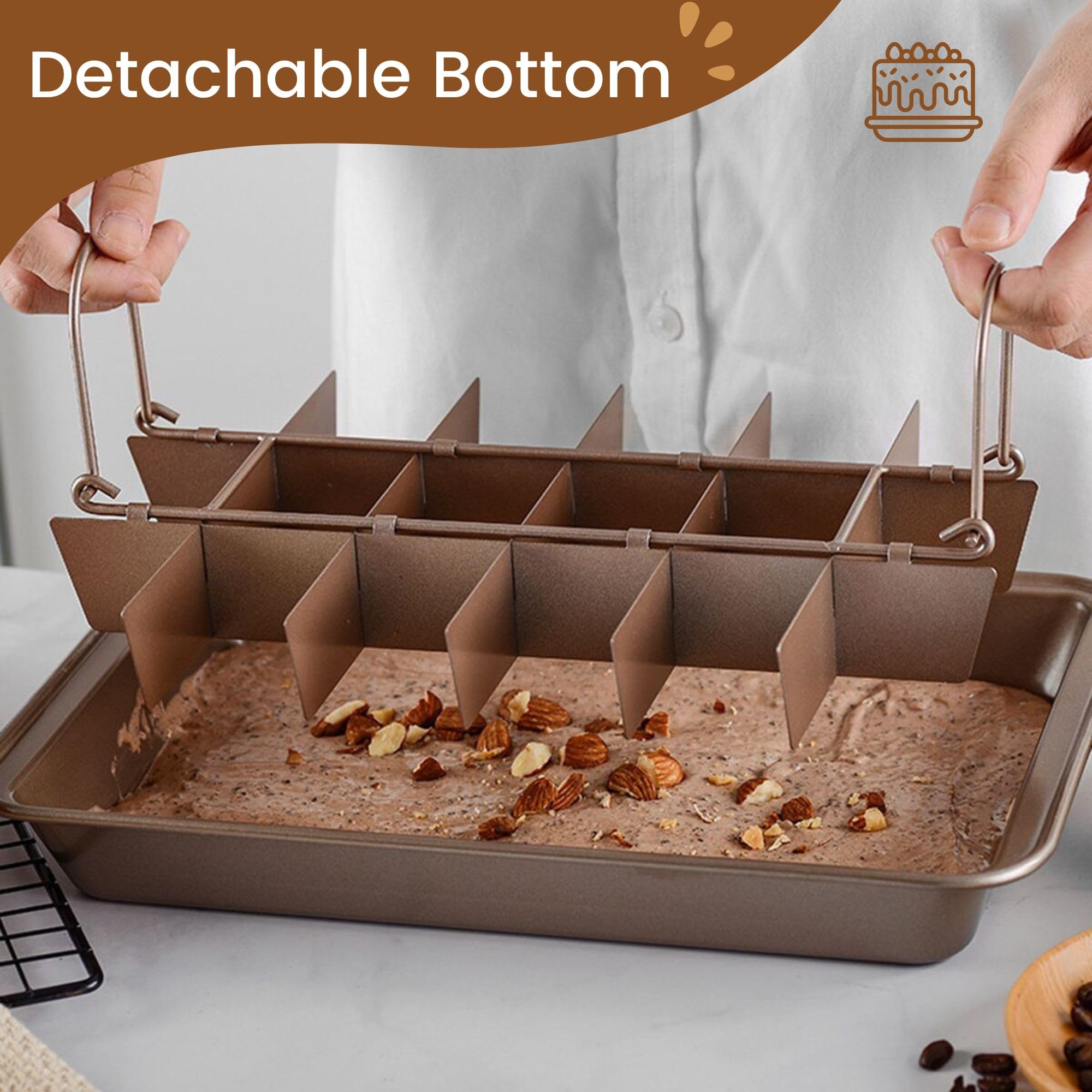 KiNeX Brownie Backform, Antihaftbeschichtete Kuchenform Brownie mit Trennwänden, Antihaftbeschichtete Brownie-Pfanne für Professionelle Scheiben, für 18 Vorgeschnittene Brownies, Karbonstahl, Gold