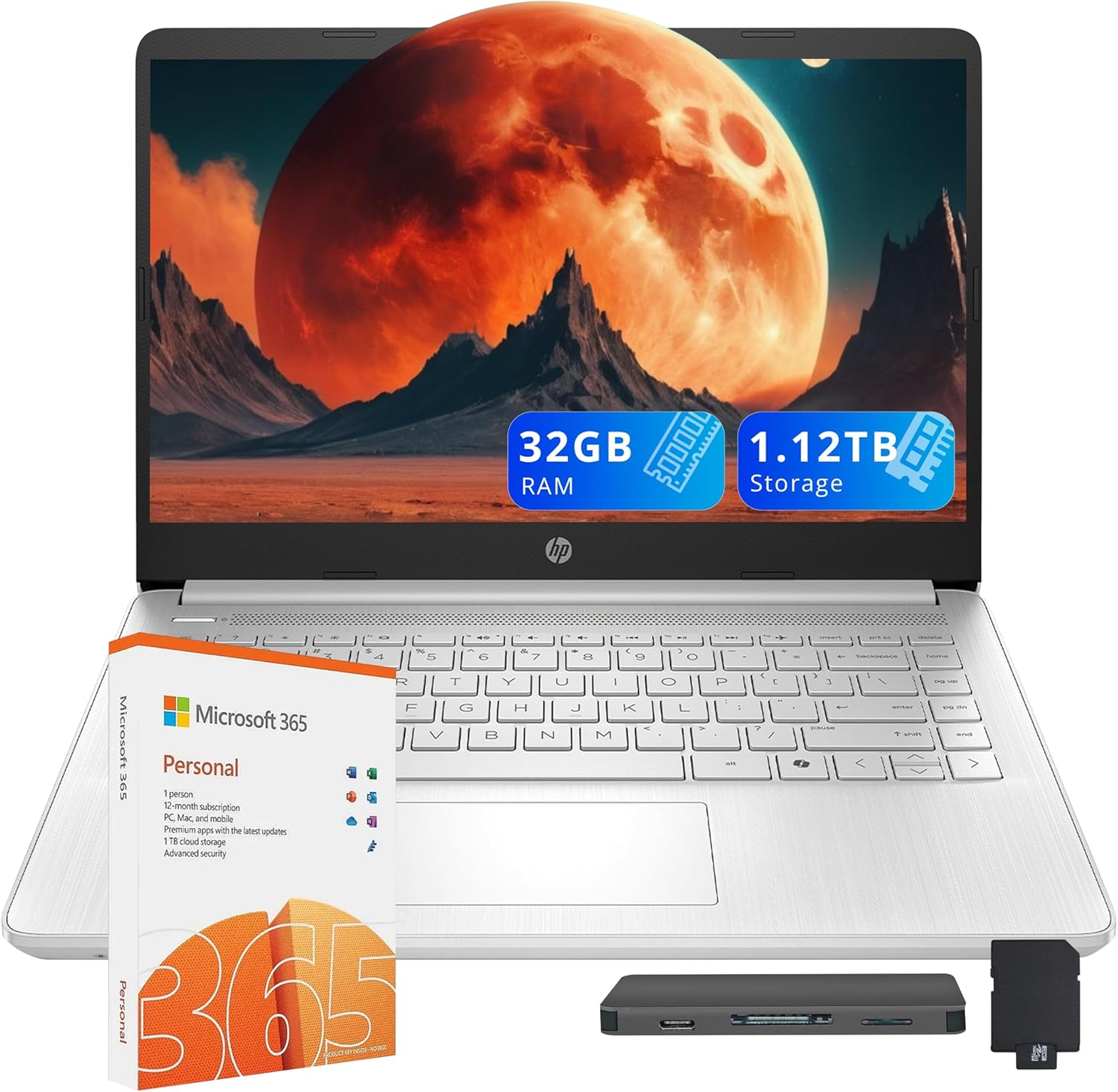 HP Stream 14" HD Laptop, Intel Processor N150, 32GB RAM, 1.12TB Storage (128GB UFS+1TB Docking Station Set), Intel Graphics, 1 Year Office 365, Copilot, Wi-Fi 6, Bluetooth, Webcam, Win 11, Silver