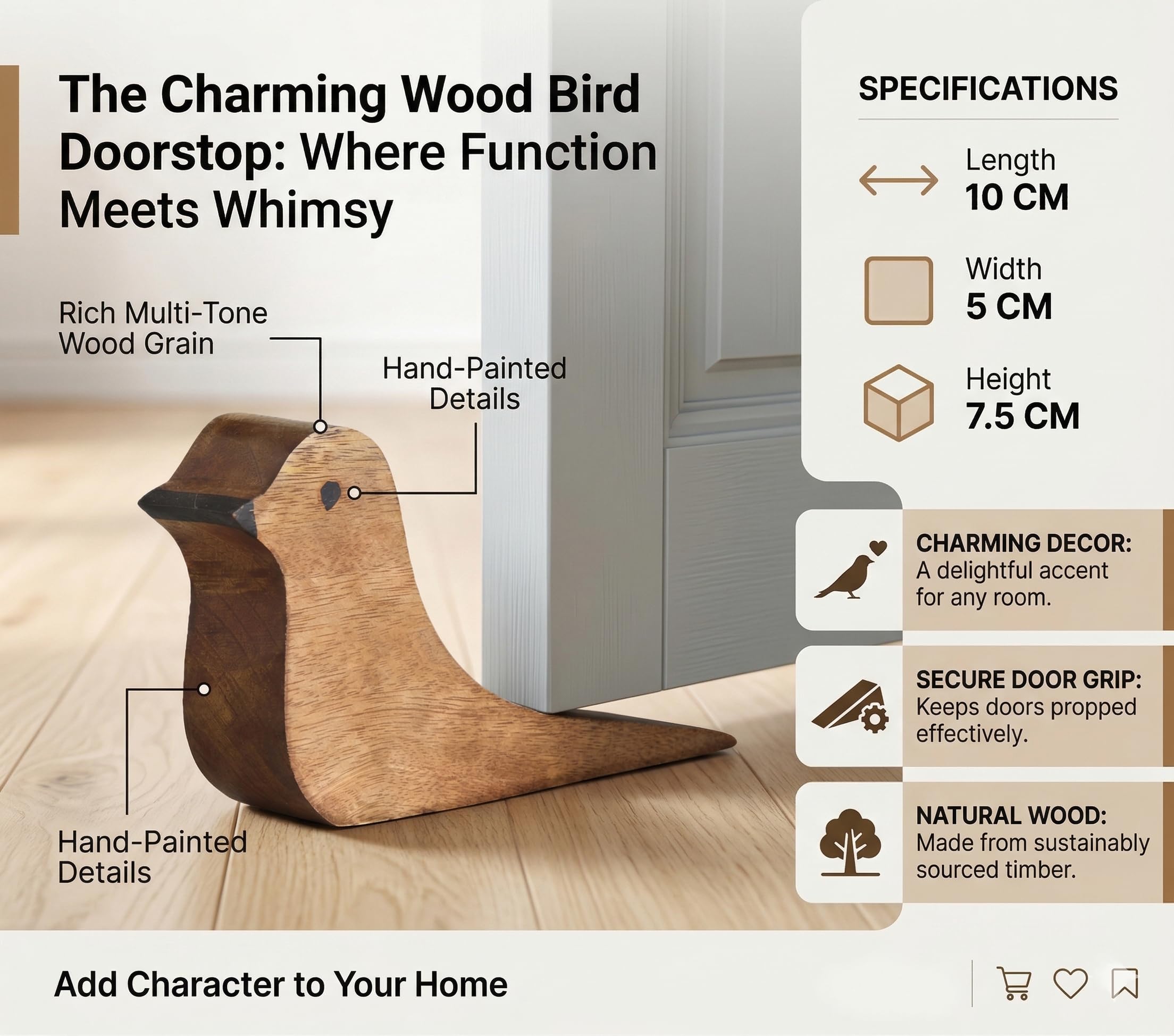 Esplanade Ogranicznik do drzwi z drewna mango – drewniany klin do drzwi, uroczy i funkcjonalny element wystroju domu