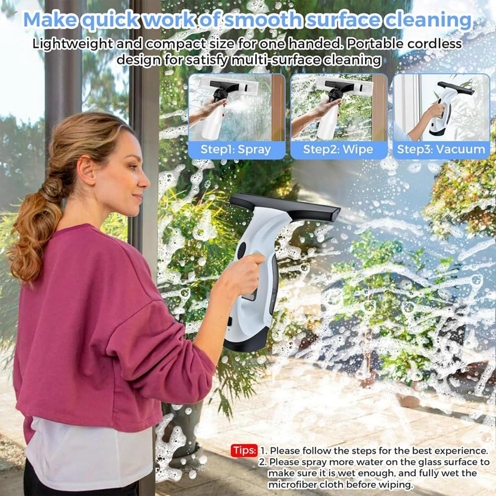 Kabelloser Fenster-Vakuum-Rakel, 1,2 kPa Saugkraft, 27,9 cm Silikonklinge, wiederaufladbarer 1500-mAh-Akku mit abnehmbarem 150-ml-Tank, streifenfrei für hohe Fenster