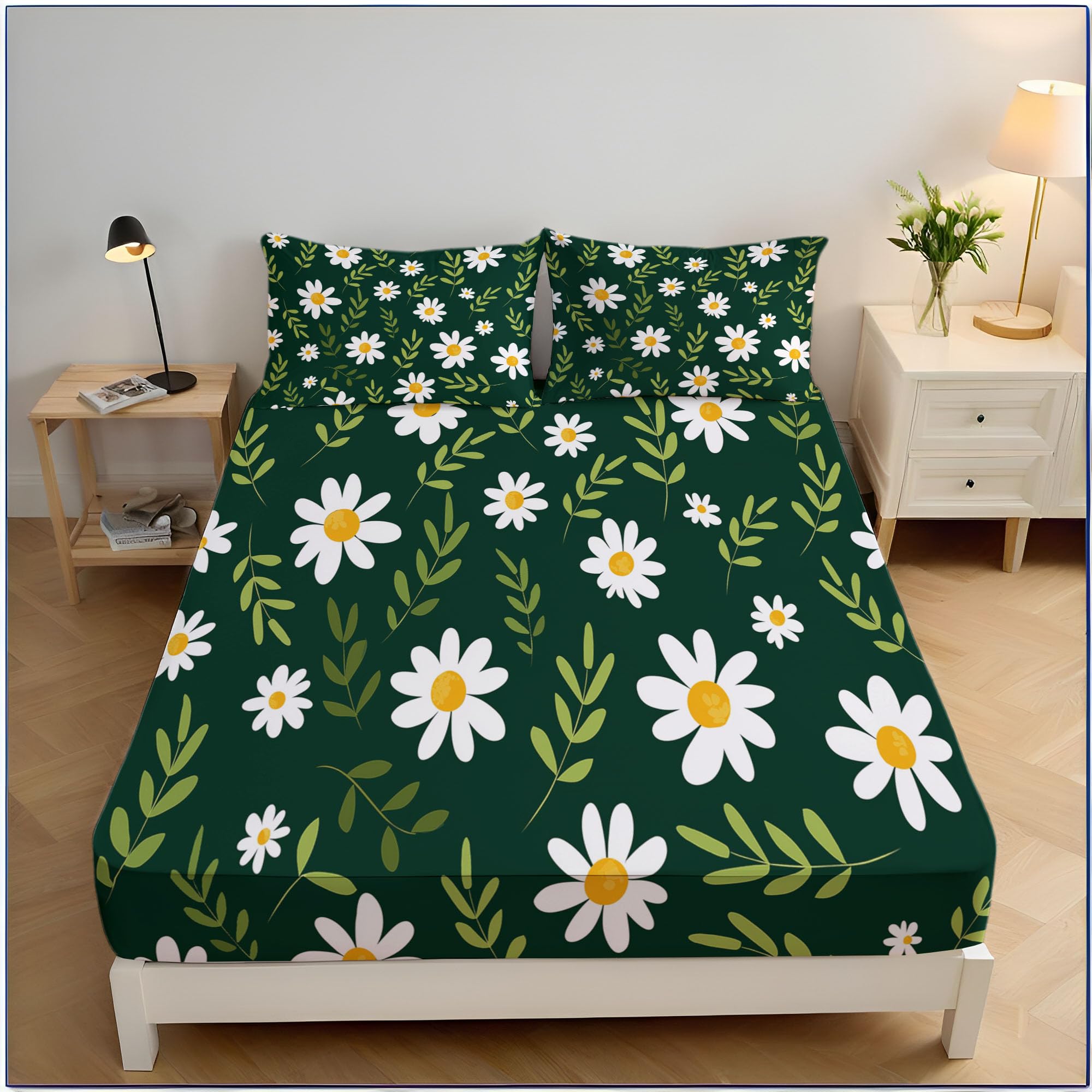 Drap housse 160x200cm vert foncé avec motif feuilles et grand bonnet 30cm