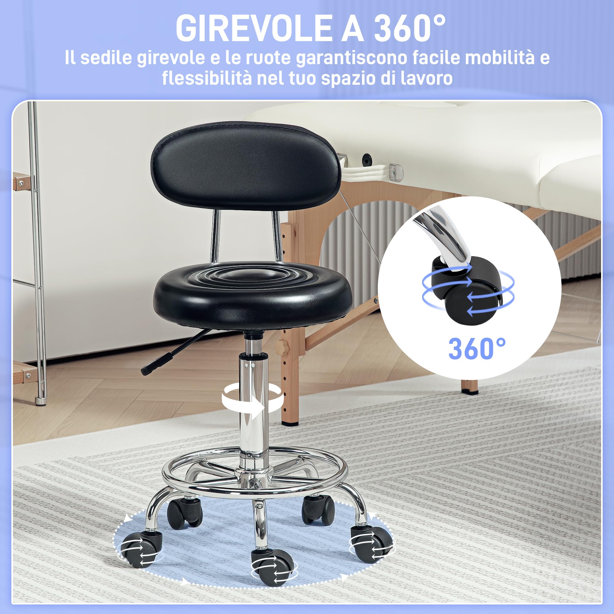 HOMCOM Sgabello Regolabile Girevole a 360°, Sgabello da Estetista con Schienale, Ruote e Poggiapiedi, in Acciaio, Finta Pelle, 32x40x70-86 cm, Nero