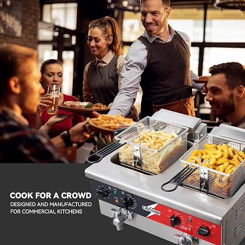 Miniatura 5 de CROSSON Freidora eléctrica de doble tanque de 12 litros con drenaje, cesta sólida y tapa para restaurantes y uso doméstico, freidora comercial de