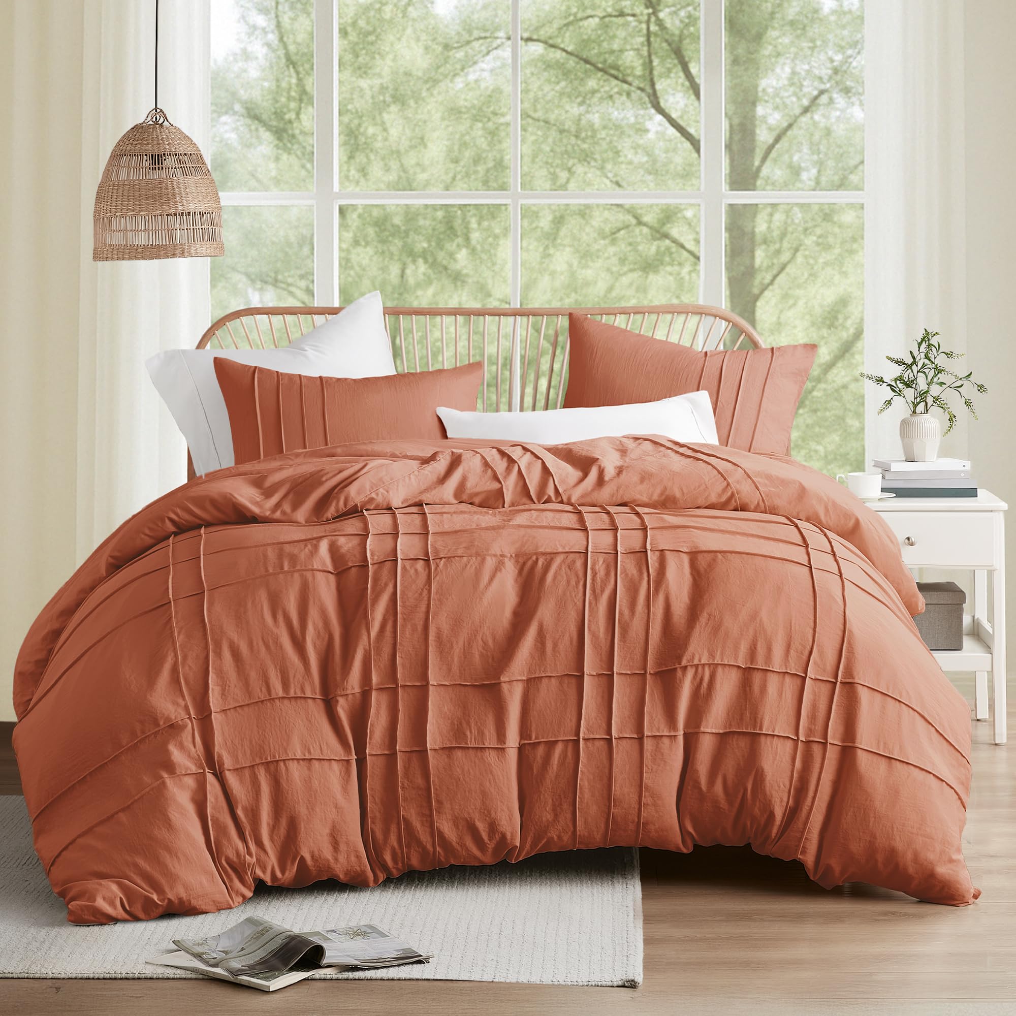 Comfort Spaces Clay Queen Size Comforter Set - 3 Pieces Pintuck Pleated Bedding Sets, All Season Lightweight, Extra Softness Pre-Washed Microfiber