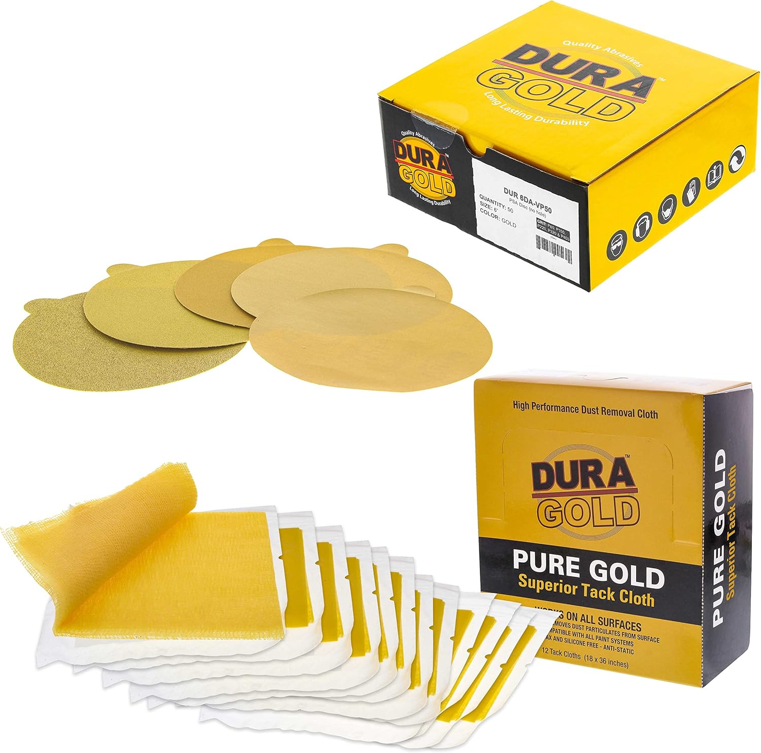 Dura-Gold Premium 80, 150, 220, 320, 400 Grit 6" Gold PSA Sanding Discs Pure Gold Superior Tack Cloths - Tack Rags (Box of 12)
