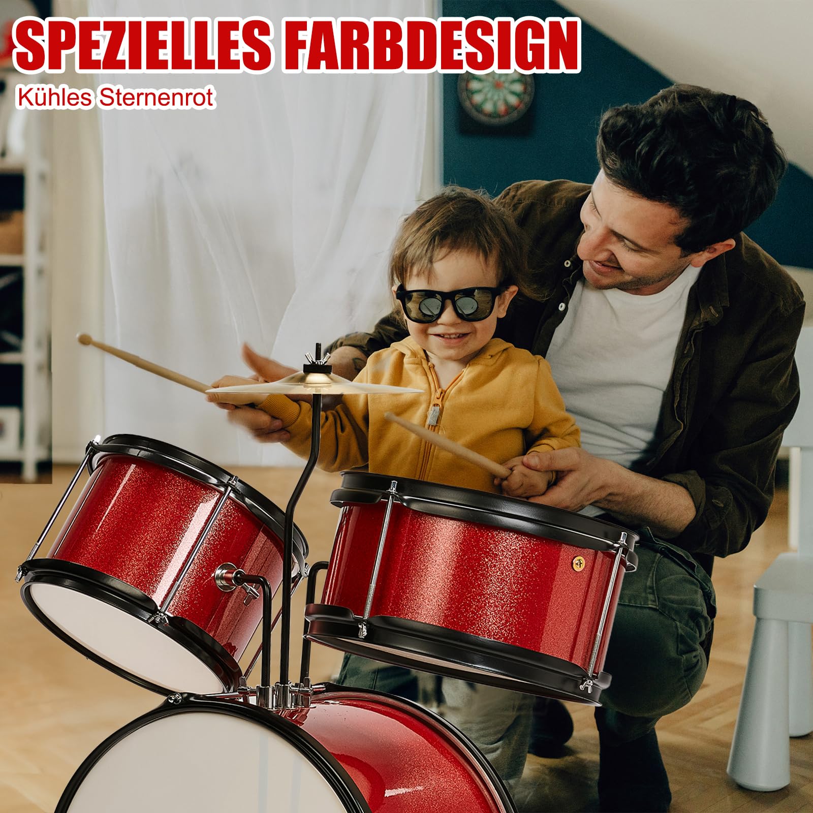LEADZM Set di percussioni per bambini dai 3 anni in su, con sgabello, pedale per grancassa e 2 bacchette, bacino, Tom e rullante (rosso)