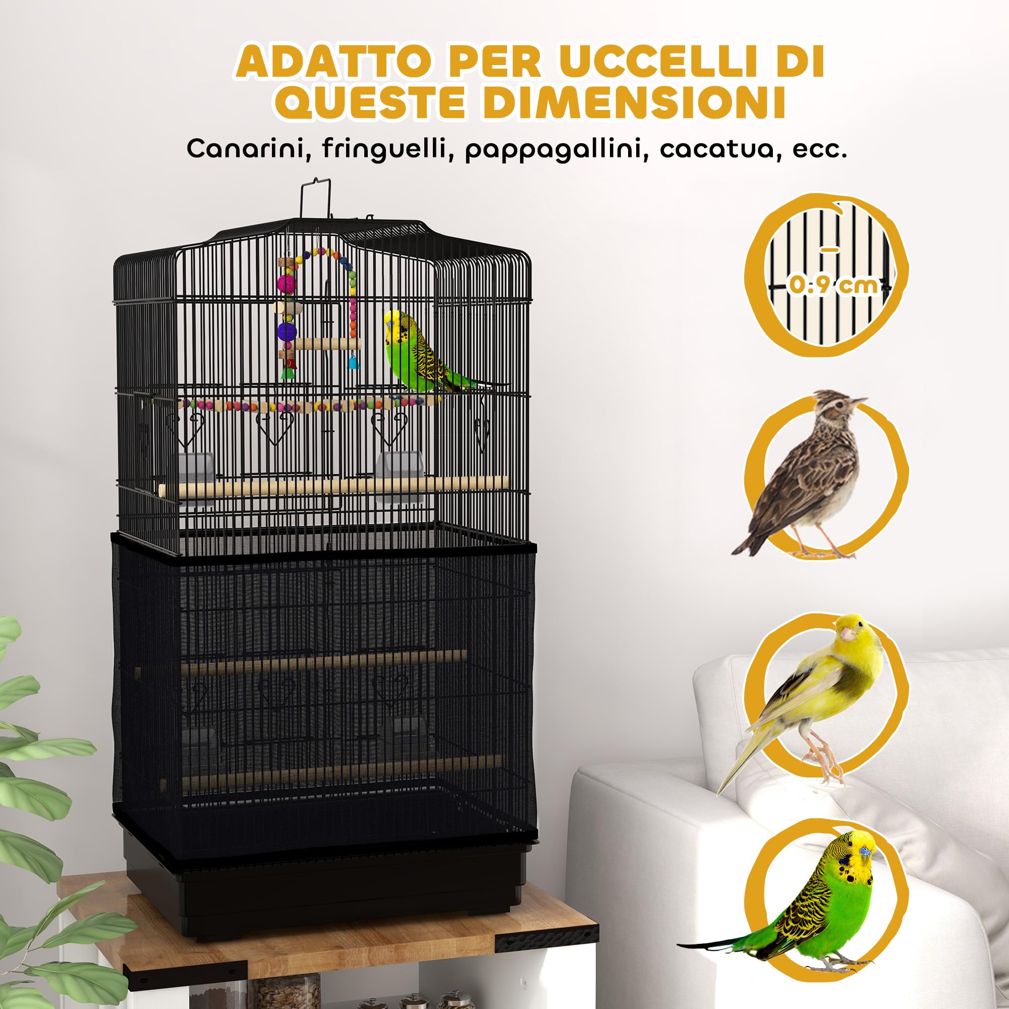 PawHut Gabbia per Uccelli con Maniglia, Vassoio Estraibile e Porte, Voliera per Pappagallini con Posatoi in Legno, Altalena e Ciotole per Cibo, 46.5x35.5x92cm, Nero