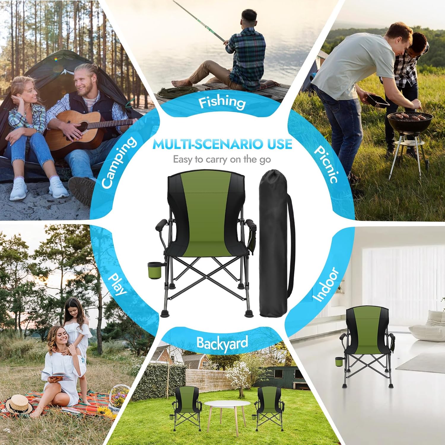 2 Pack Oversized Folding Camping Chair for Adults, Supports 450 LBS Camping Chairs, Heavy Duty Camping Chair with Side Pockets, Foldable Outdoor Chair for Camping, Beach, Fishing, Hiking, Green-Black - Image 7