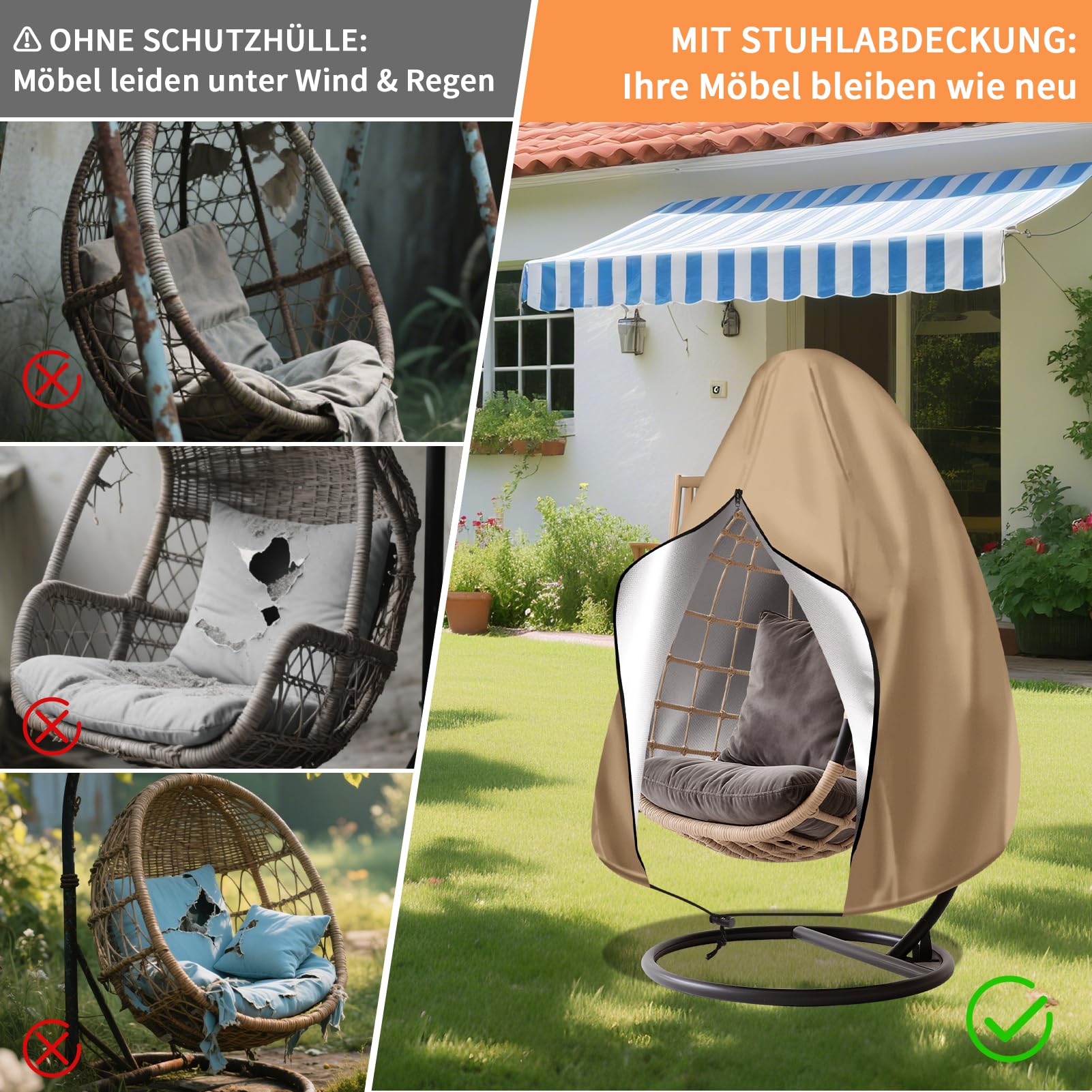 Hängesessel Abdeckung Hängestuhl Schutzhülle B115xH190cm mit Tasche | 3000mm Wasserdicht, UV-Beständig, 210D Oxford Reißfest Stuhlschutz, Abdeckplane für Hängekorb, Terrassen-Eierstuhl-Abdeckung