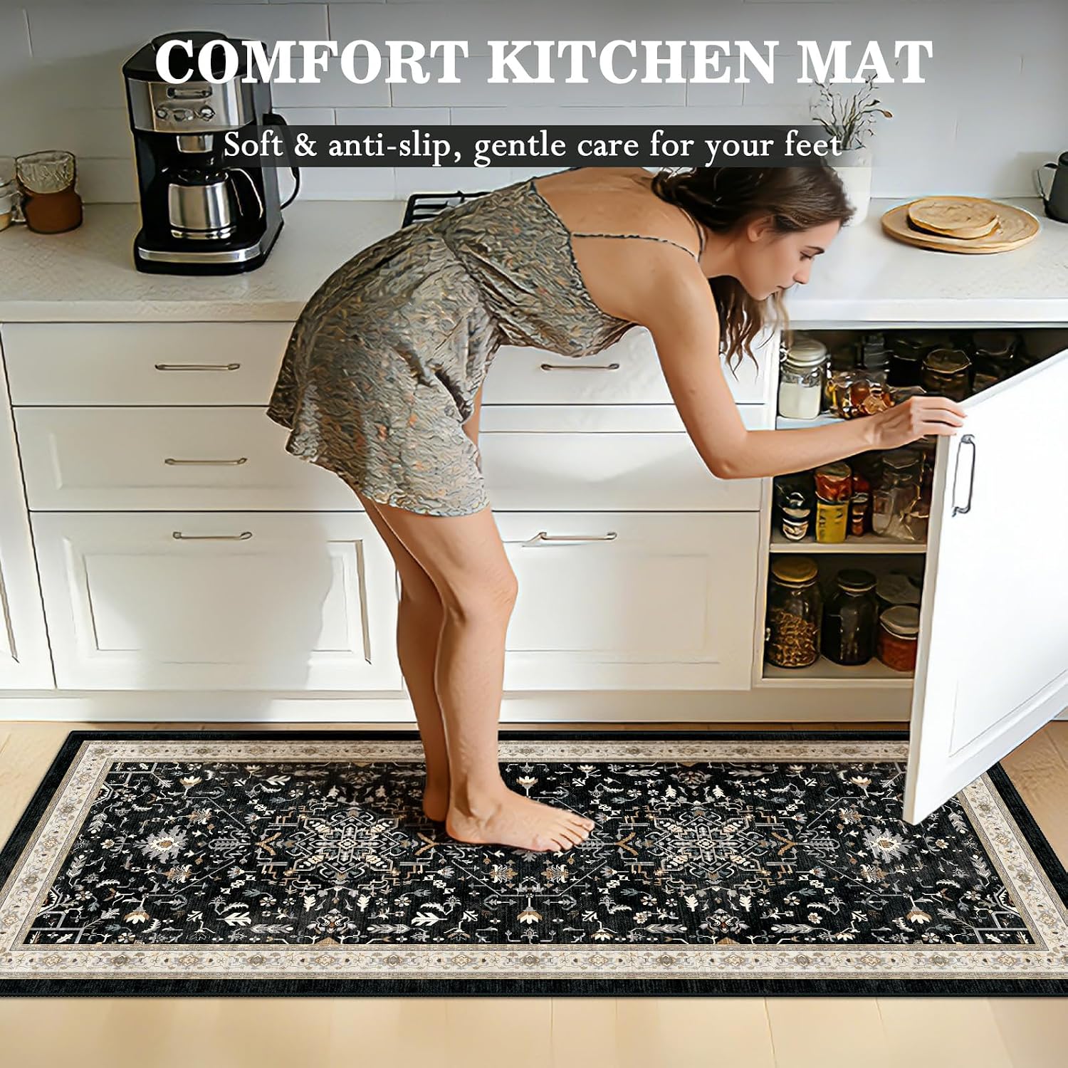 Boho Kitchen Rugs Set of 3 Non-Slip Washable Black Vintage Geometric Kitchen Floor Mats Soft Low-Pile Rug for Sink Entryway Bathroom Laundry Room Bedroom
