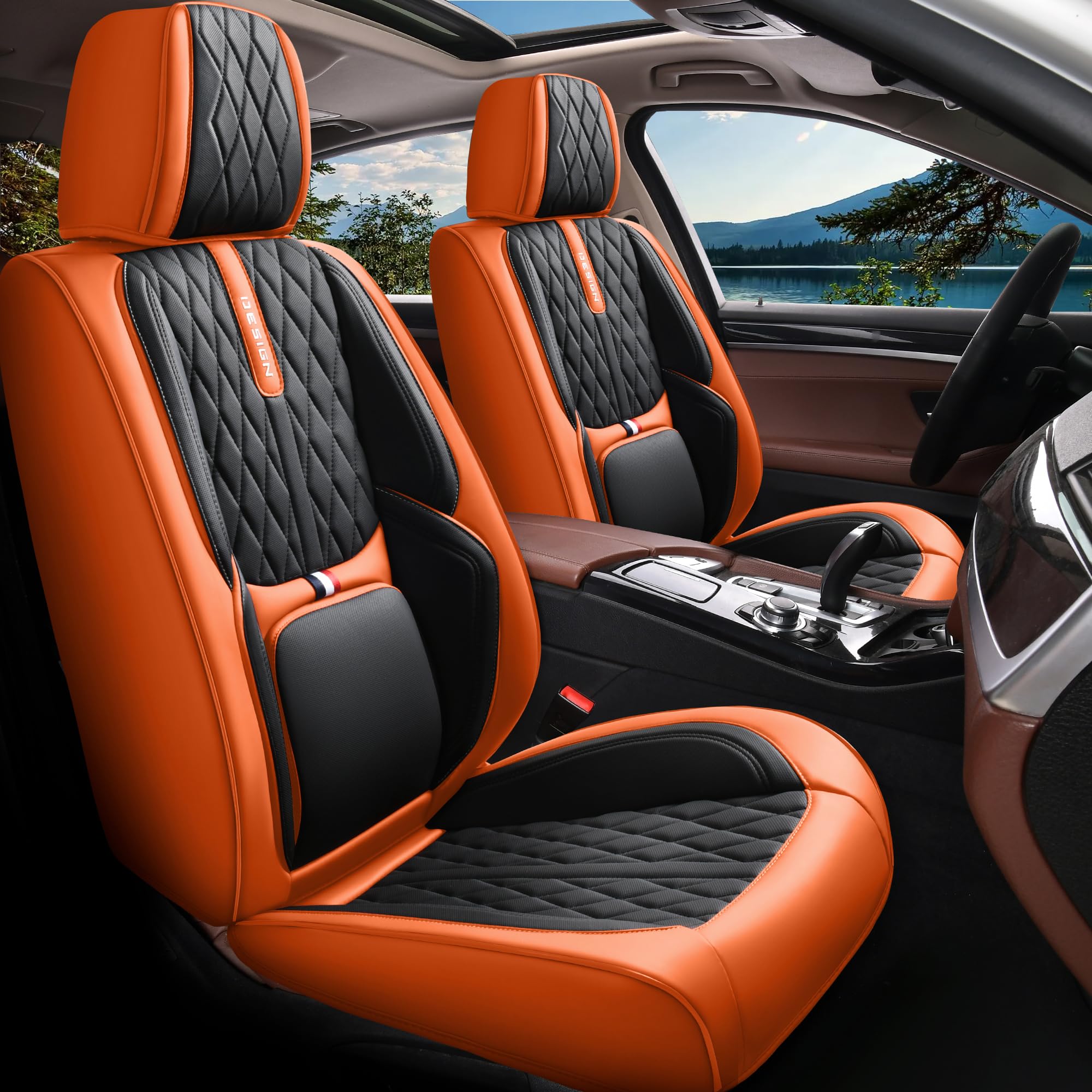 comfortable leather auto car seat covers front & rear seat protector fit sedan suv 5 seats full set universal fit (black & orange)