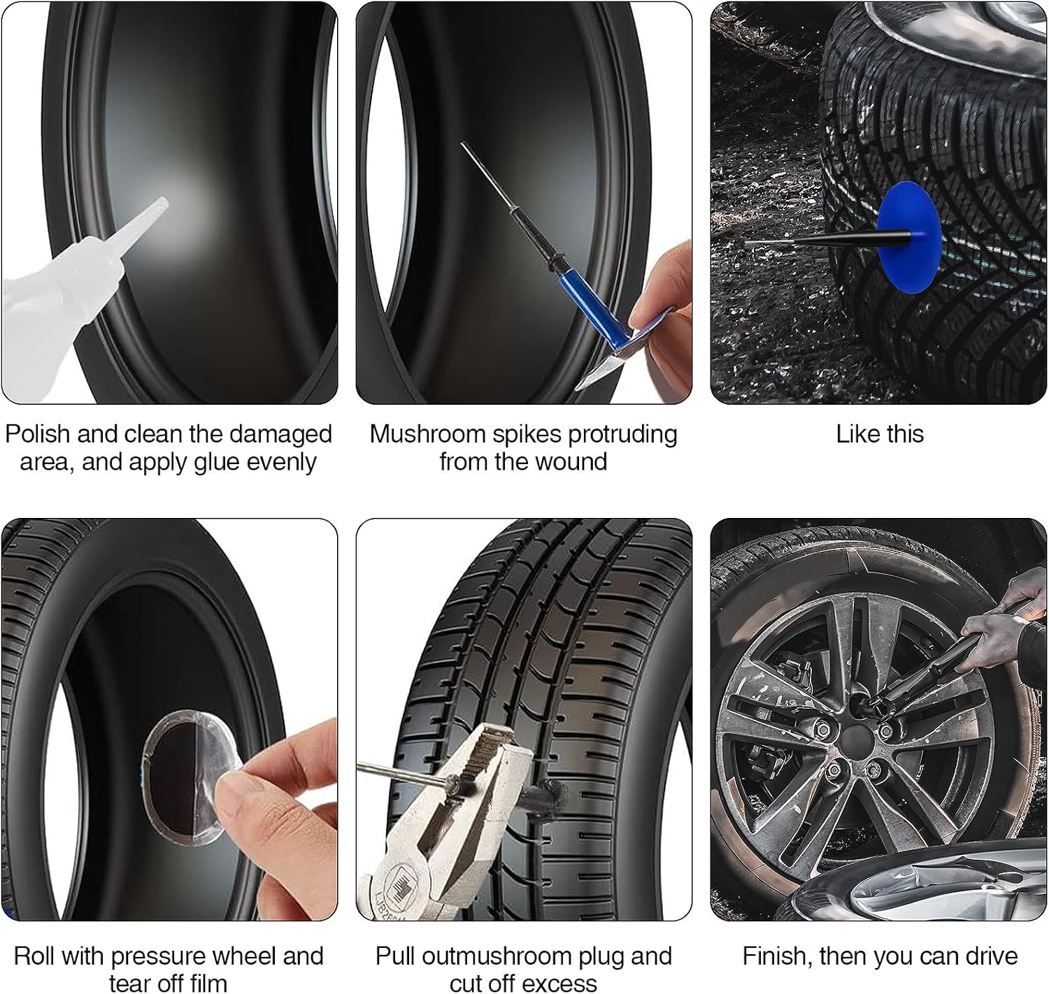 24 Pcs Tire Plug Patch Kit Automotive Tyre Repair Plug Patch Mushroom Nail 0.14' x 1.42', 0.22' x 1.82', 0.3' x 2.37' Wrapped Stems (8pcs Each) for Car Motorcycle Truck Bus, Agricultural Tyres